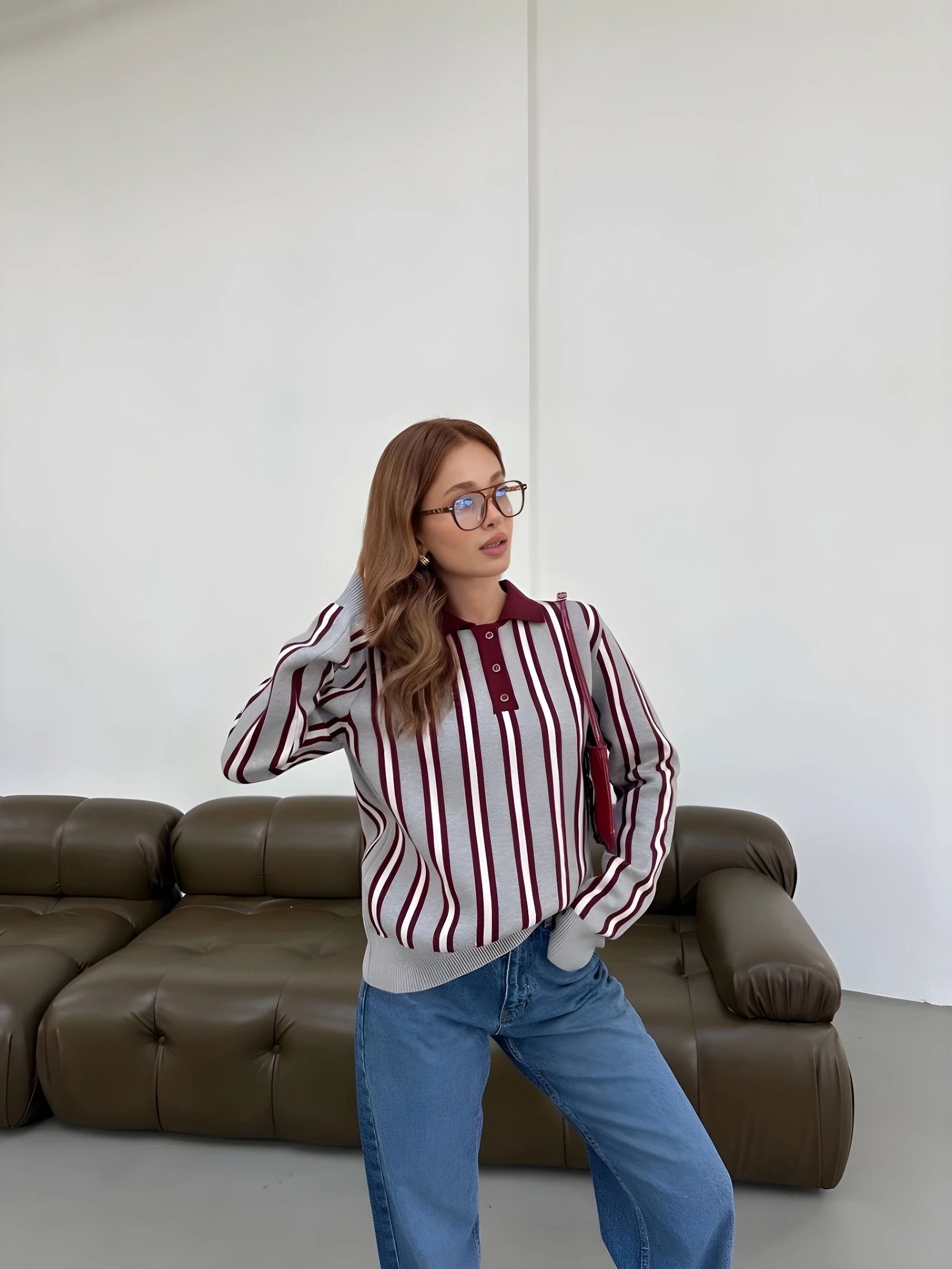  Çizgili Polo Yaka Kadın Triko Kazak