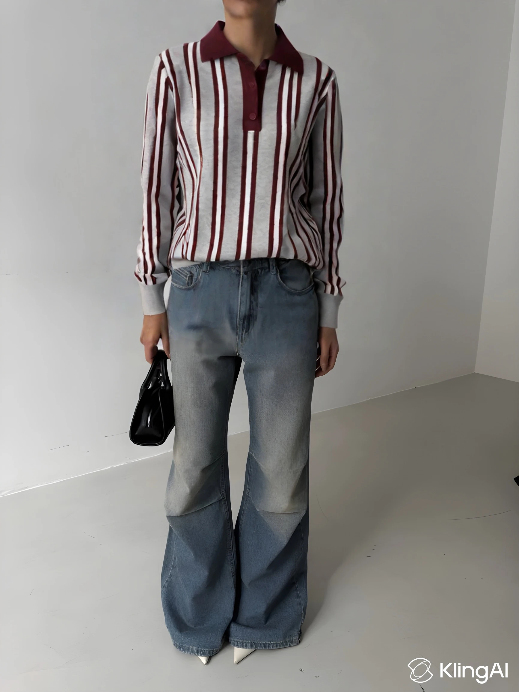  Çizgili Polo Yaka Kadın Triko Kazak