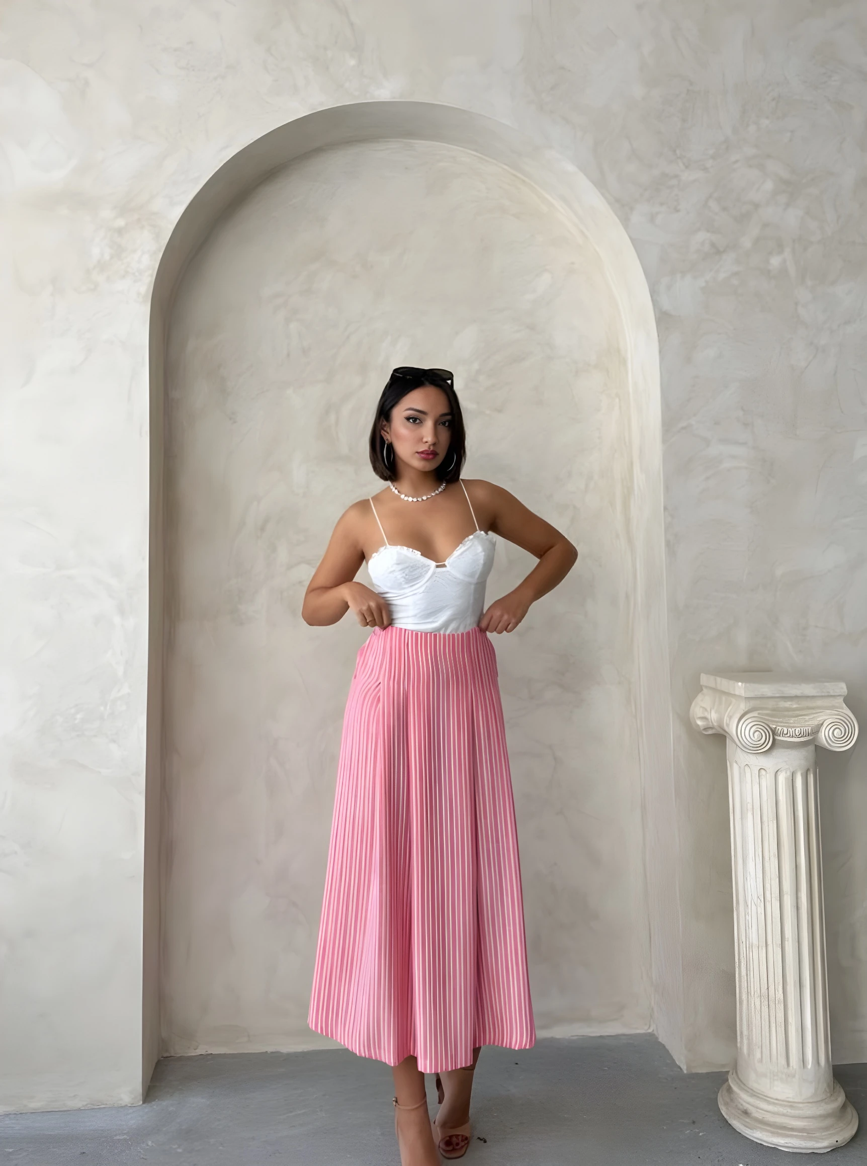 Pileli Ve Çift Cep Detaylı Çİzgili Midi Boy Keten Etek - Pembe