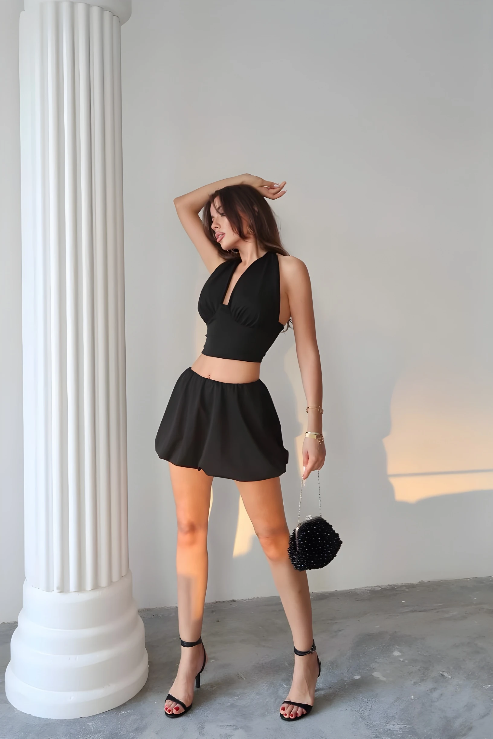 Boyundan Bağlamalı Balon Etekli Bluz&Etek İkili Takım - Siyah