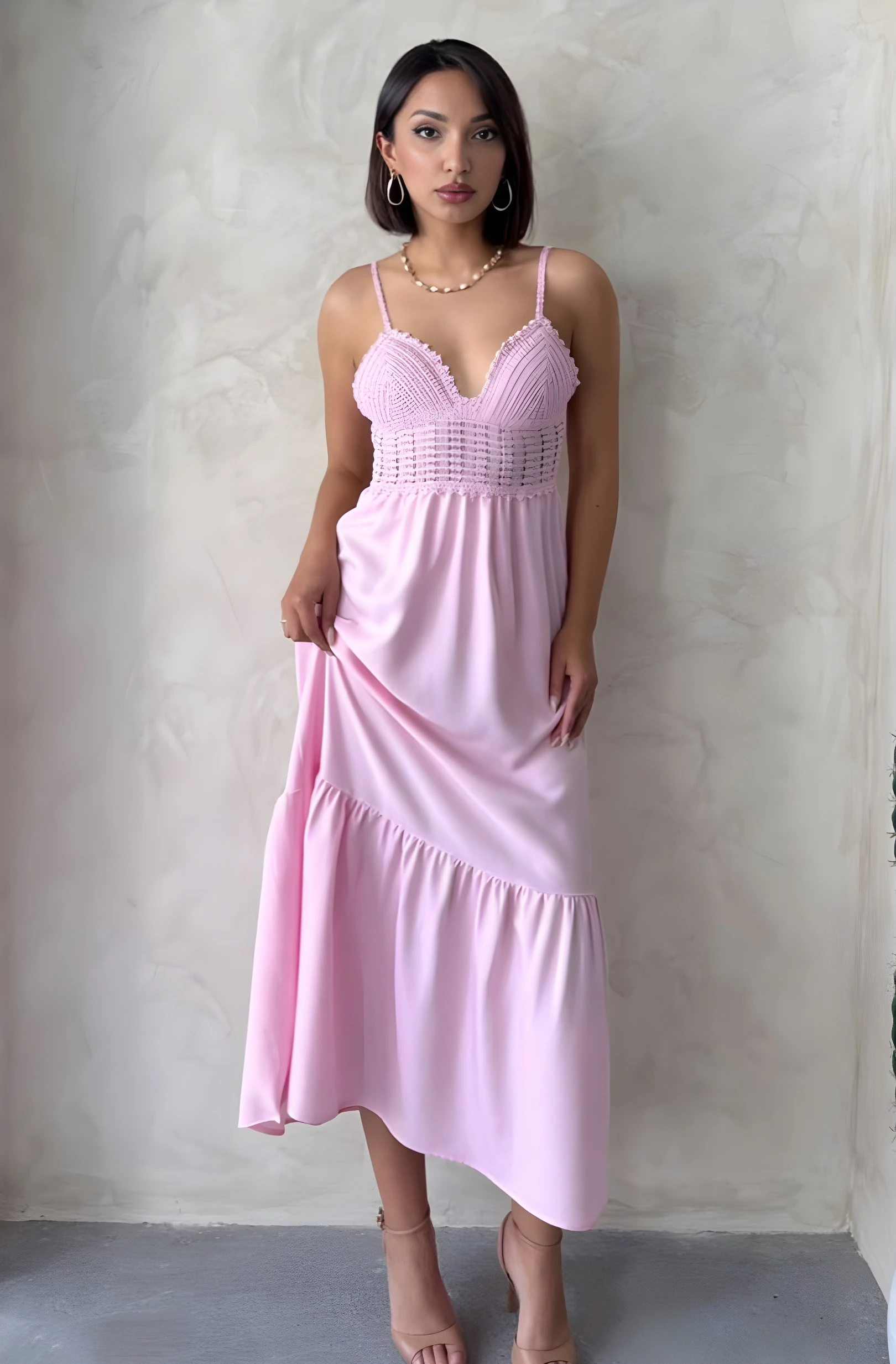 Dantel Gürpür Detaylı Askılı V Yaka Boydan Keten Elbise