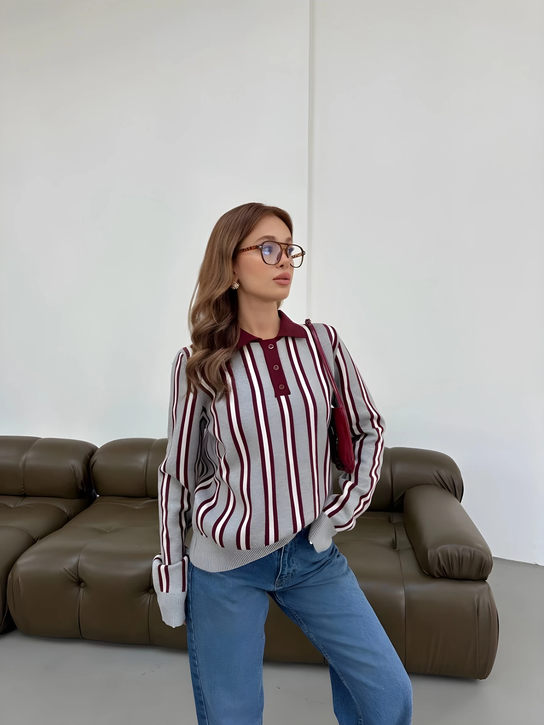  Çizgili Polo Yaka Kadın Triko Kazak