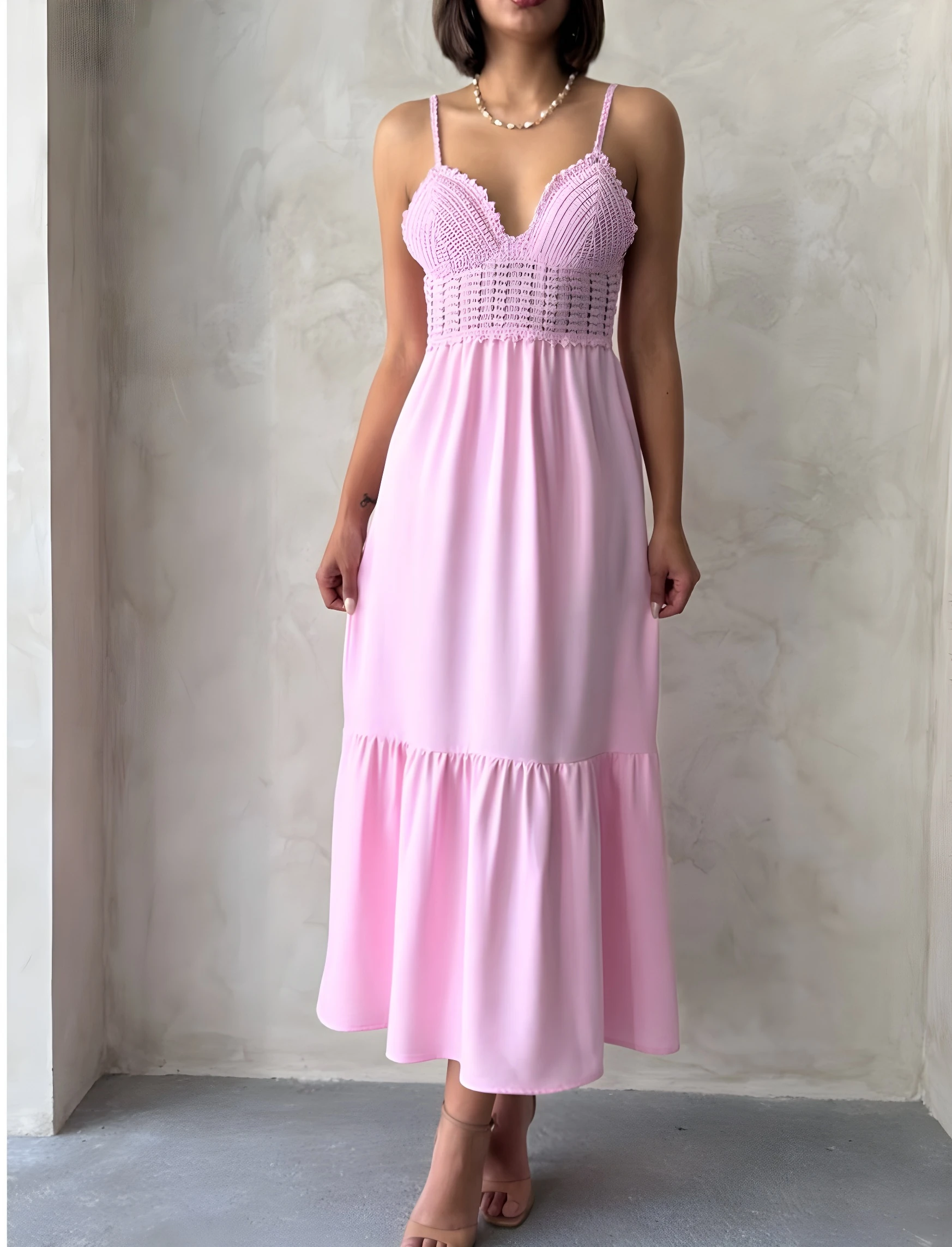 Dantel Gürpür Detaylı Askılı V Yaka Boydan Keten Elbise