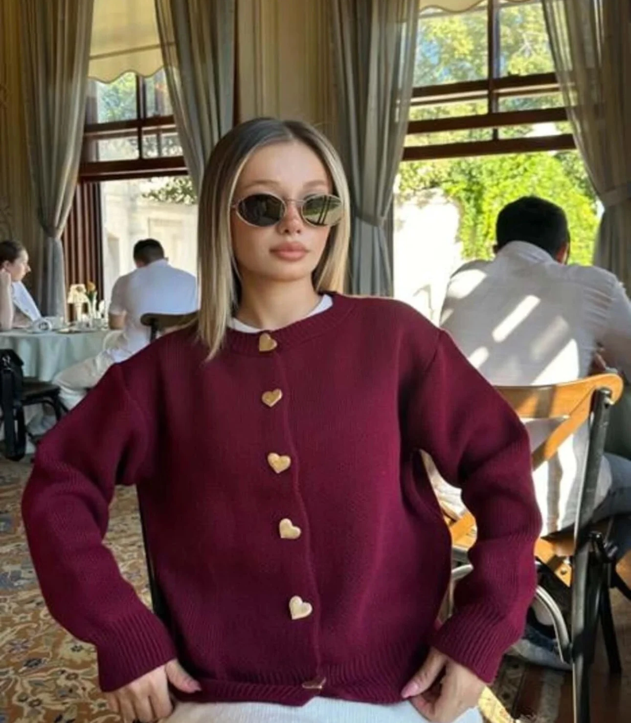 kalp Düğmeli Hırka - Bordo