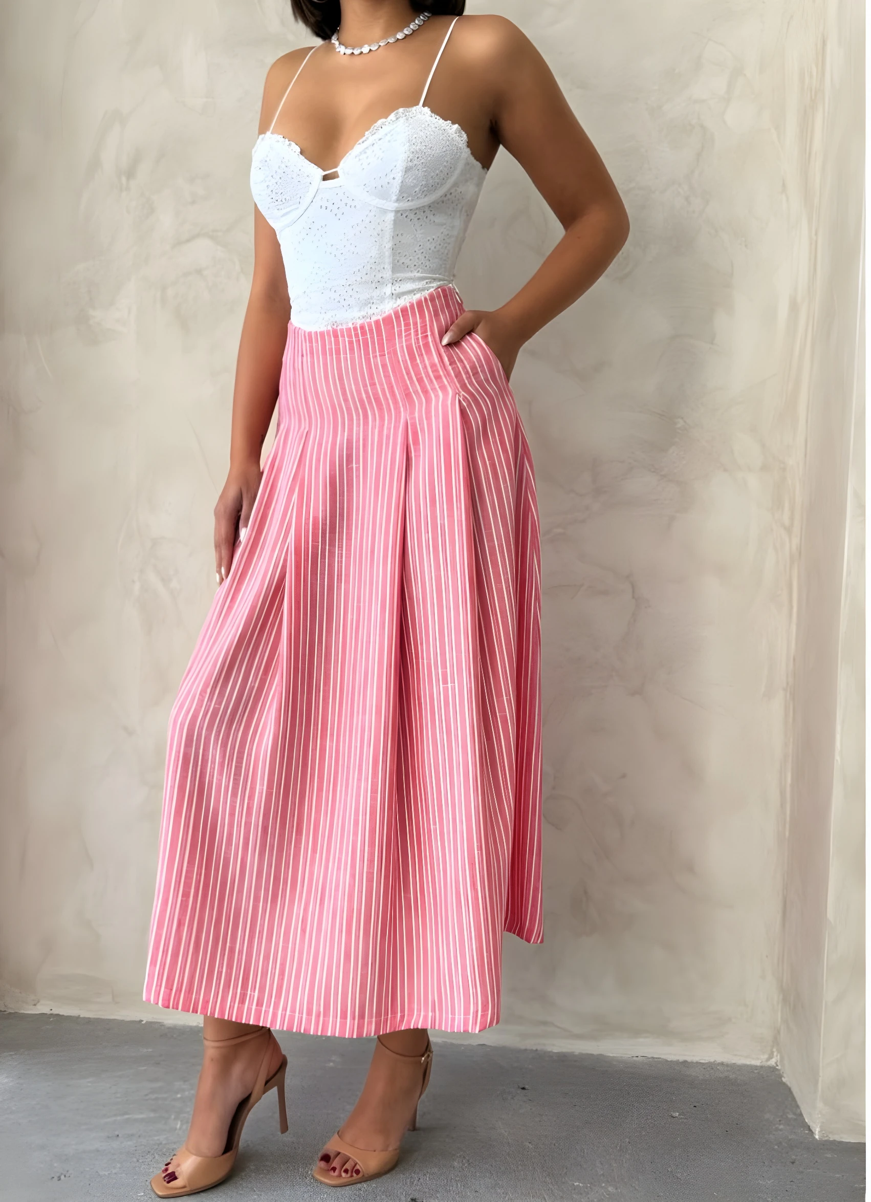 Pileli Ve Çift Cep Detaylı Çİzgili Midi Boy Keten Etek