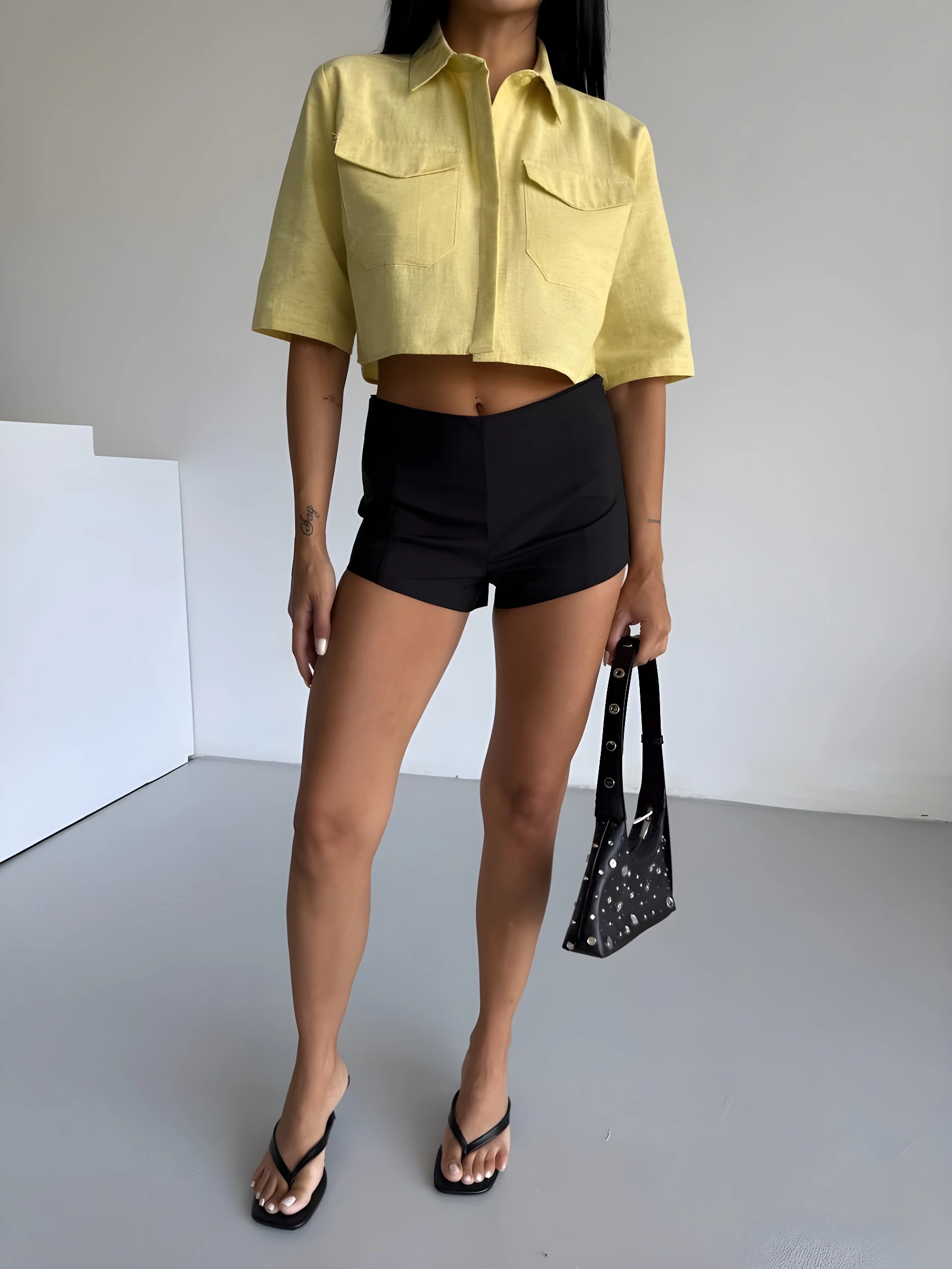 Cep Detay Yarım Kol Crop Sarı Gömlek