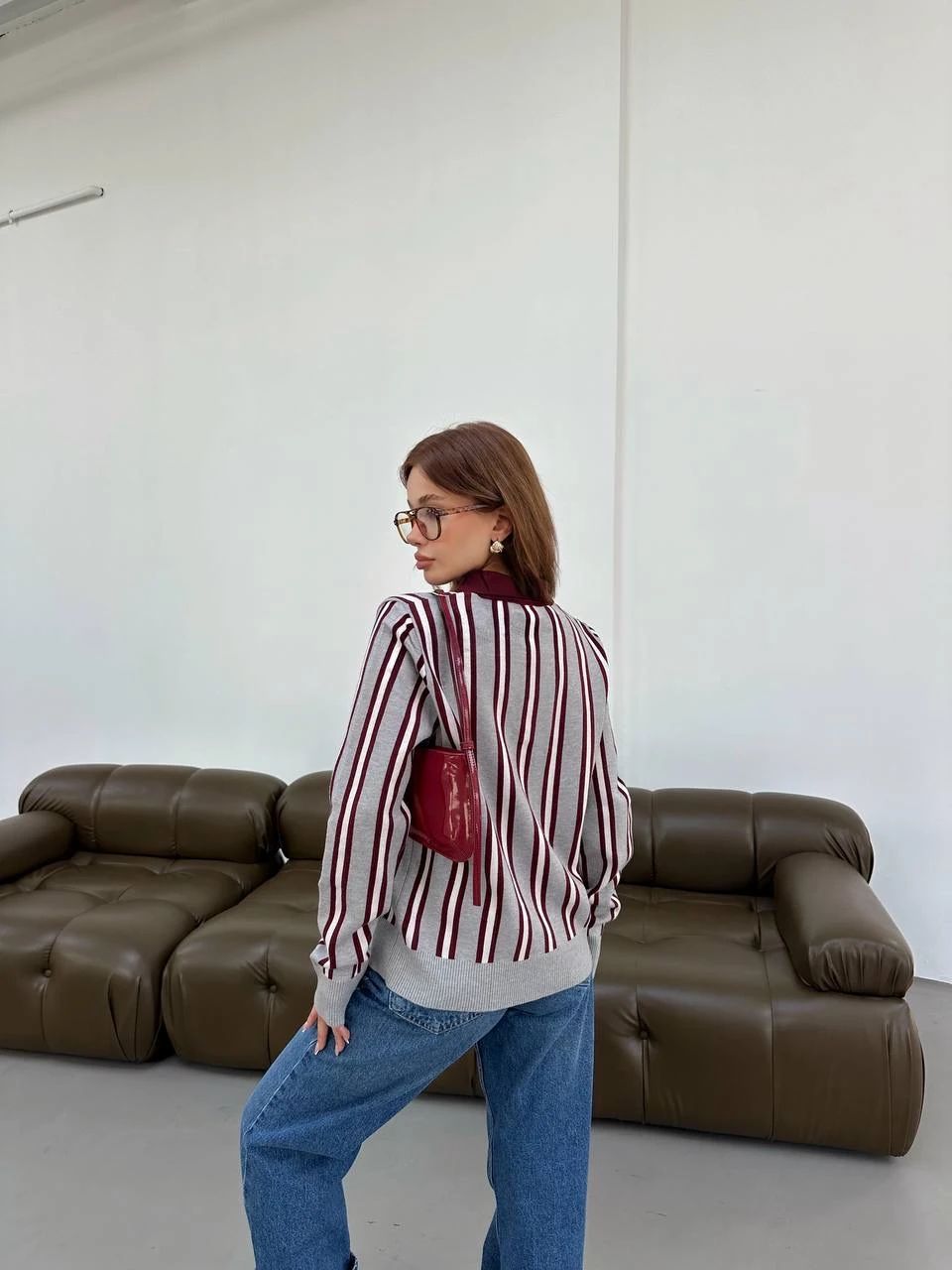  Çizgili Polo Yaka Kadın Triko Kazak