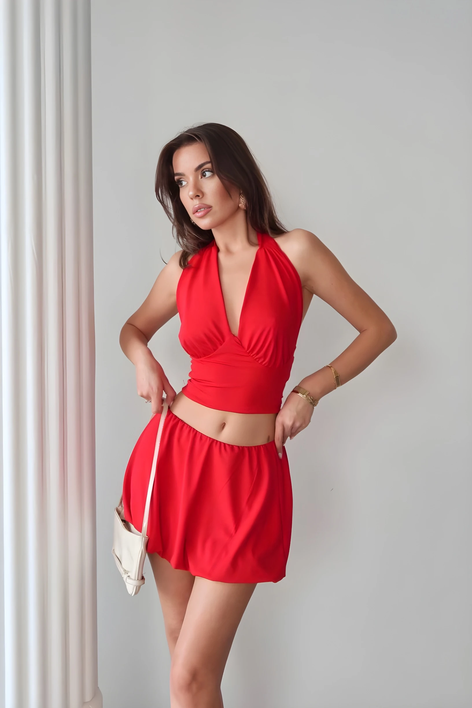 Boyundan Bağlamalı Balon Etekli Bluz&Etek İkili Takım - Kırmızı