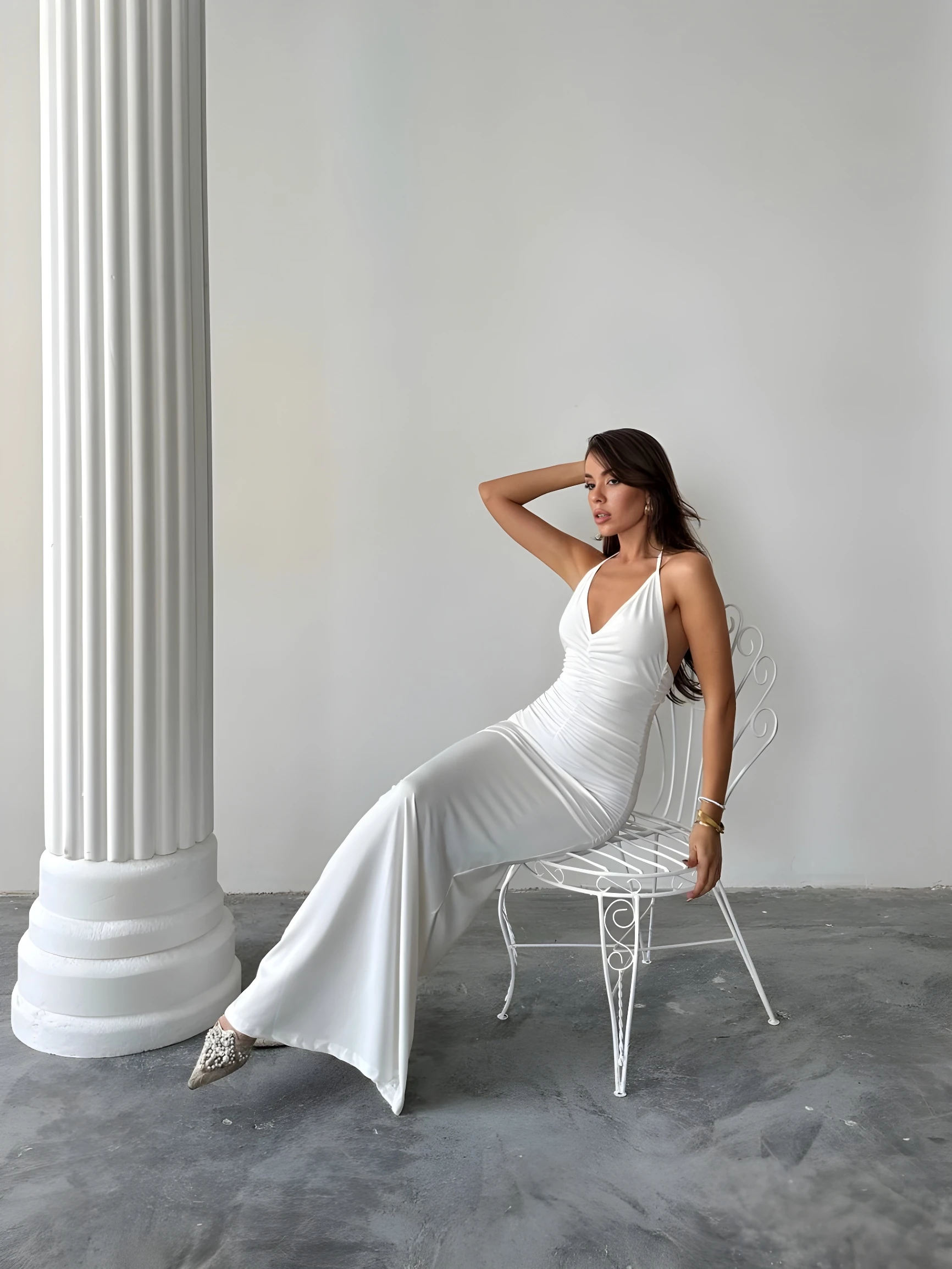  Drapeli Halter Yaka Uzun Elbise - Beyaz