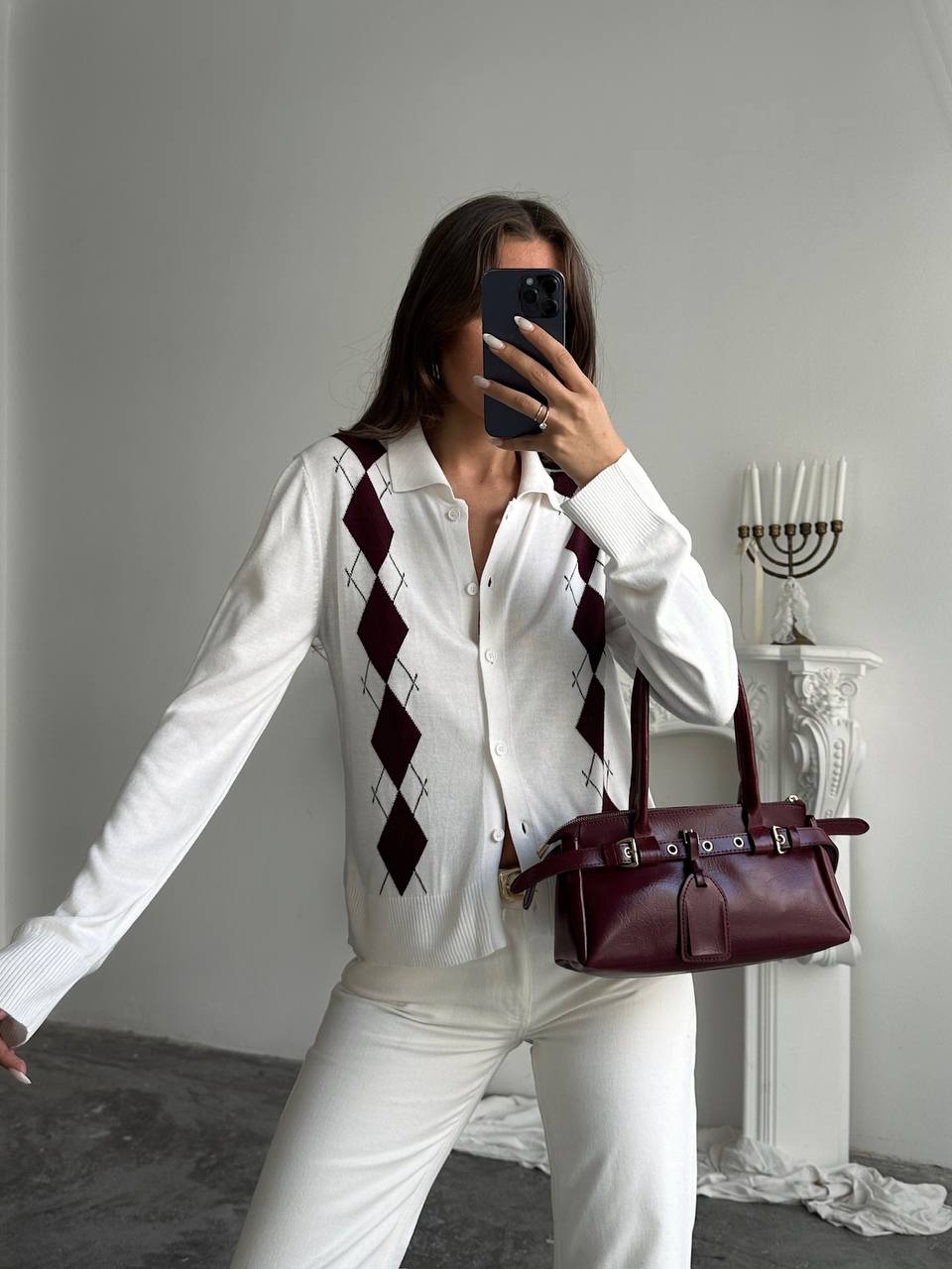 Kare Desenli Düğmeli Polo Yaka Triko Bluz