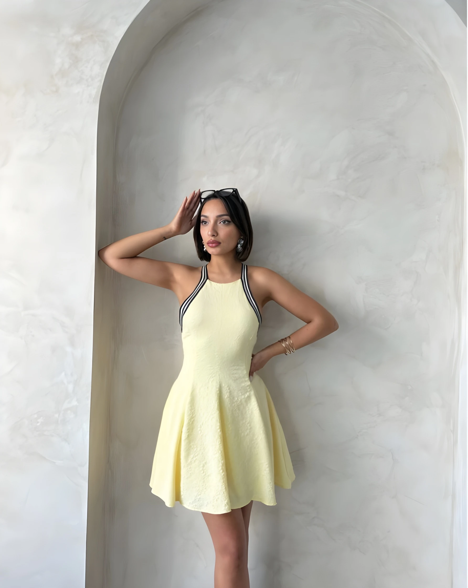 Şerit Askılı Fit & Flare Dokulu Mini Elbise - Sarı