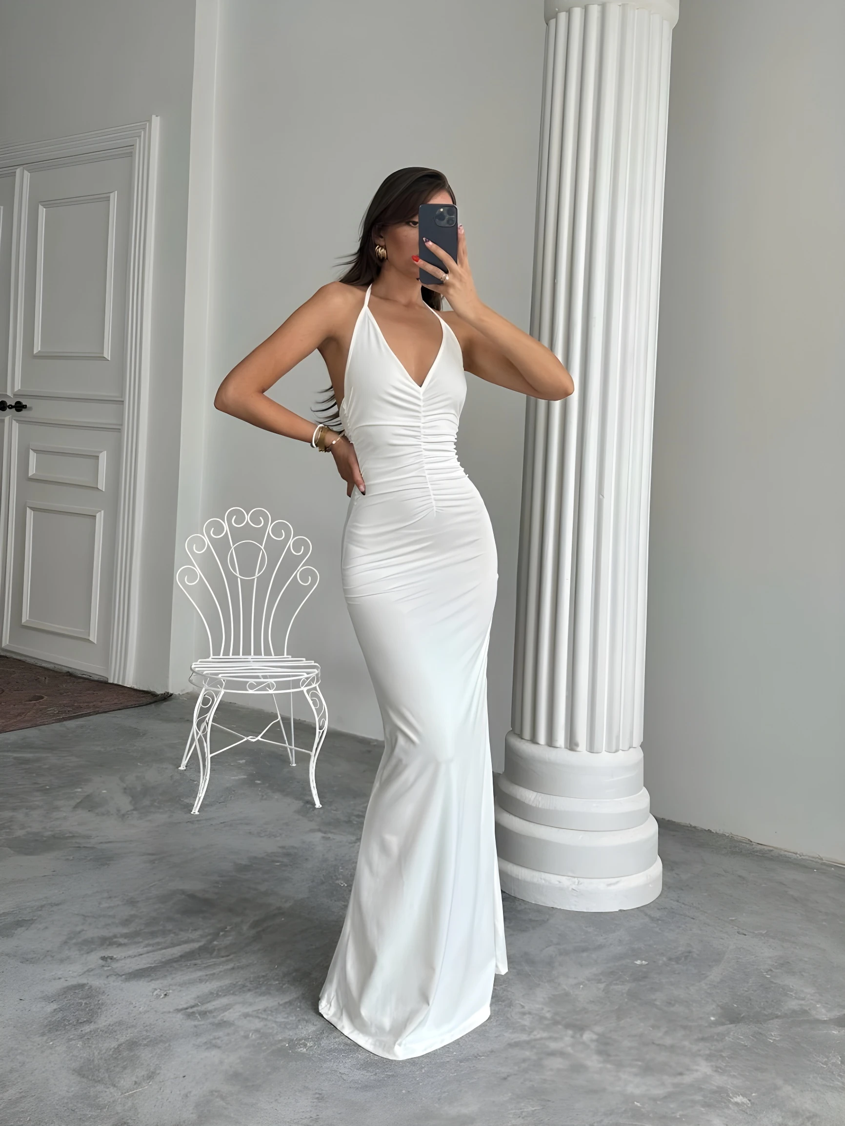  Drapeli Halter Yaka Uzun Elbise