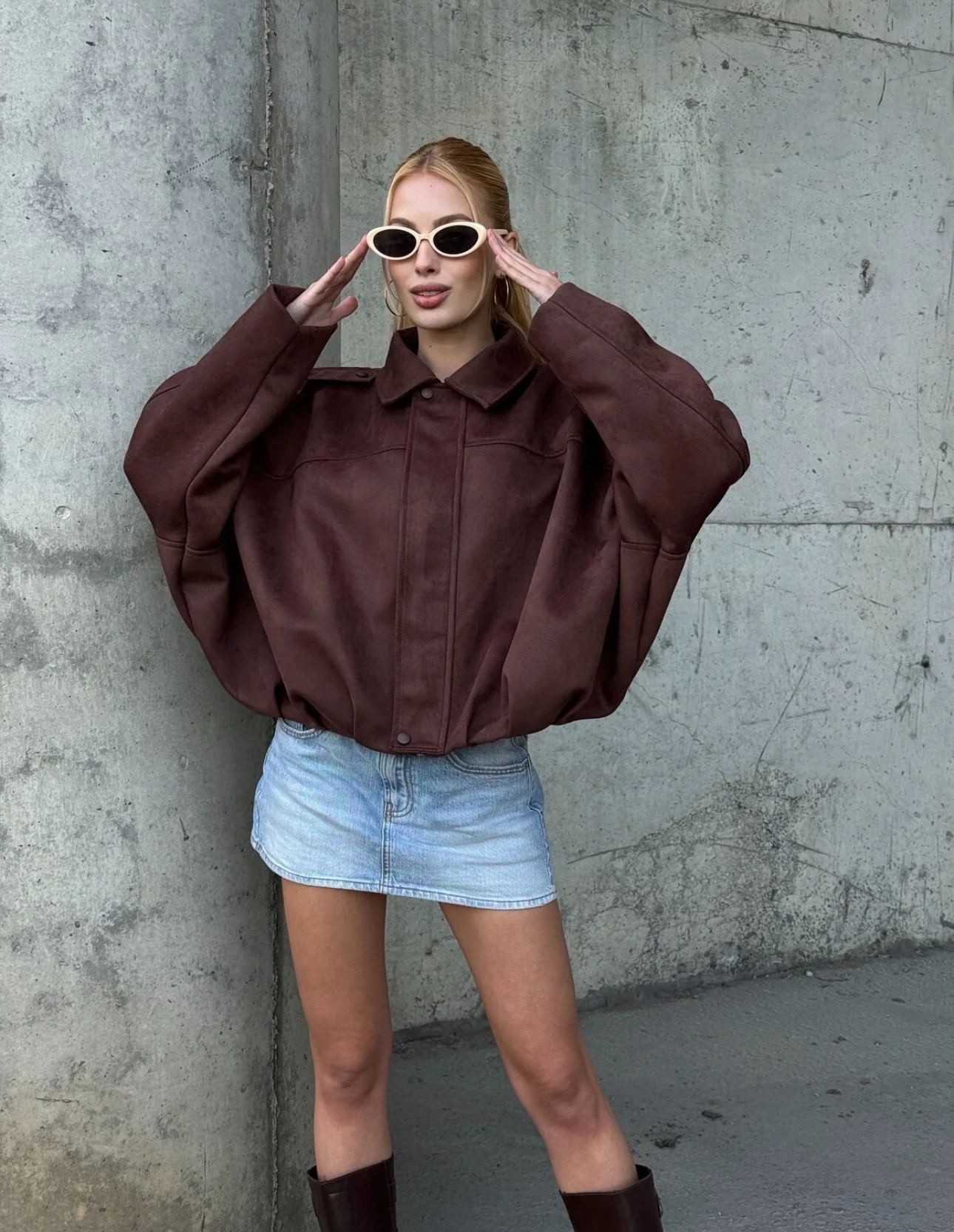 Süet Görünümlü Bomber Ceket - Kahverengi