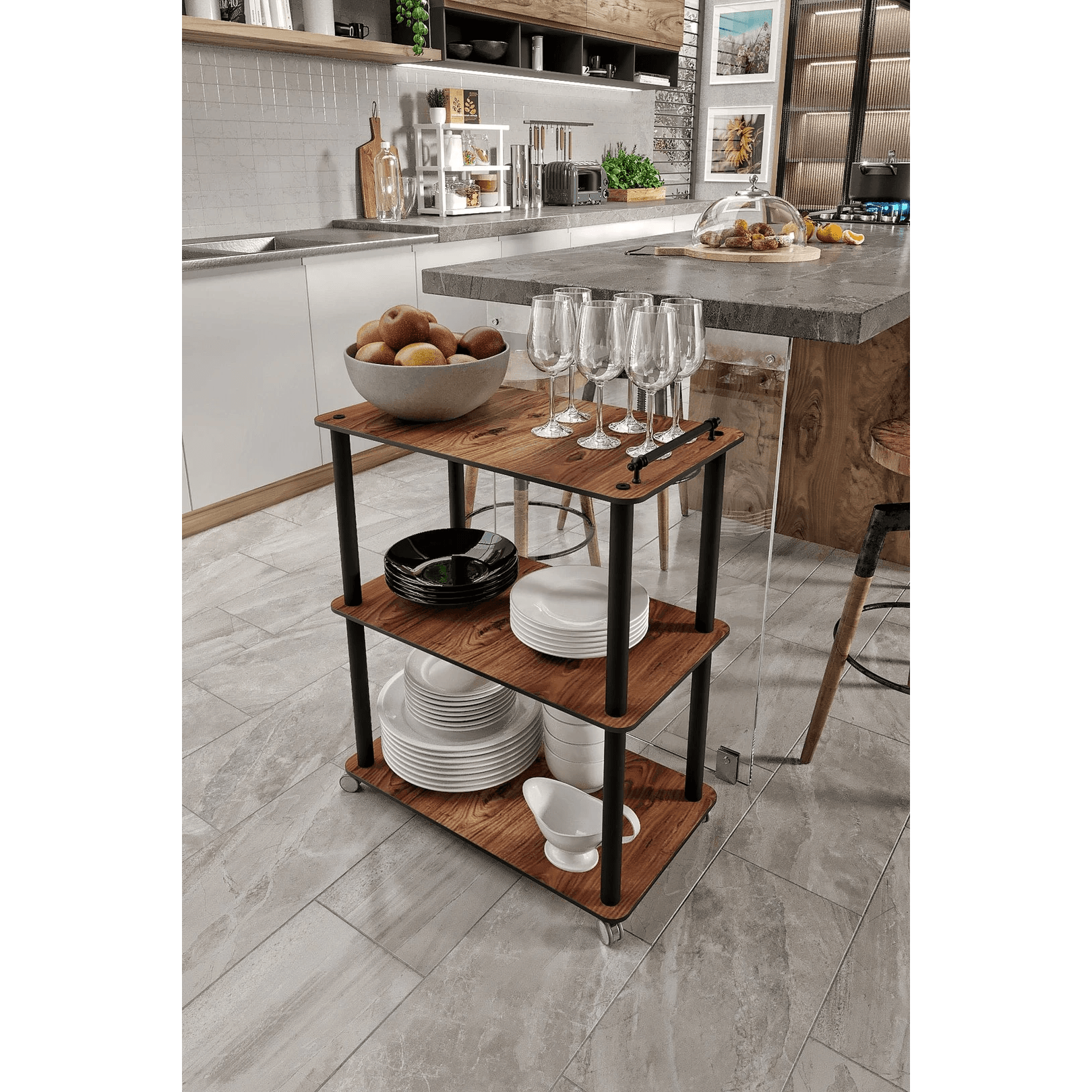 Rolling Kitchen Utility Cart | Wooden Serving & Storage Trolley