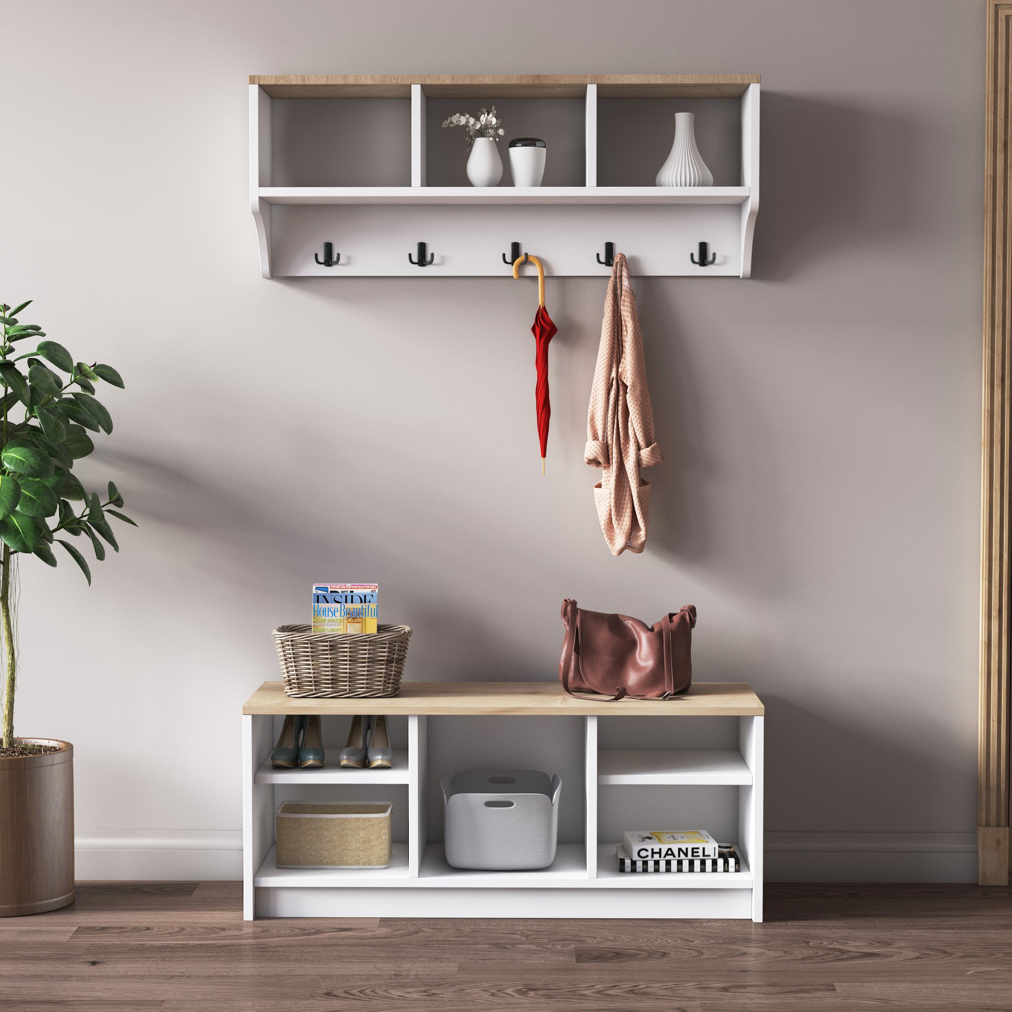 NEO Entryway Storage Set | Wall-Mounted Coat Rack & Shoe Bench
