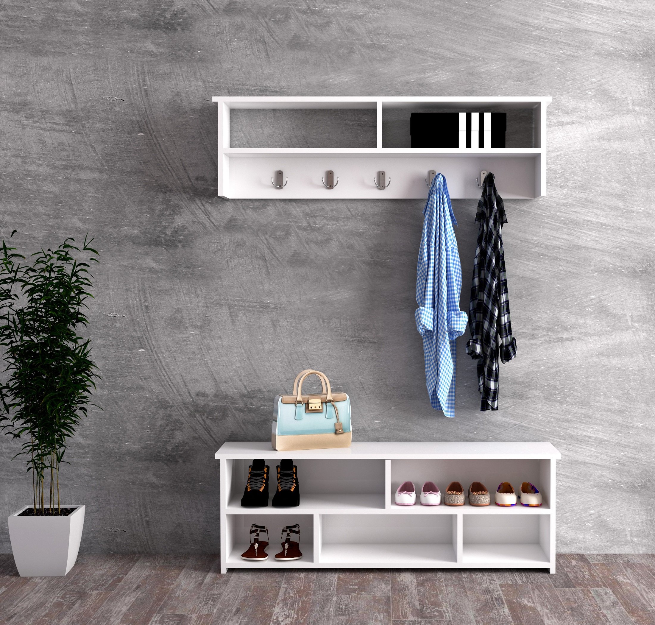 VENEDIK Entryway Storage Set | Wall-Mounted Coat Rack & Shoe Bench