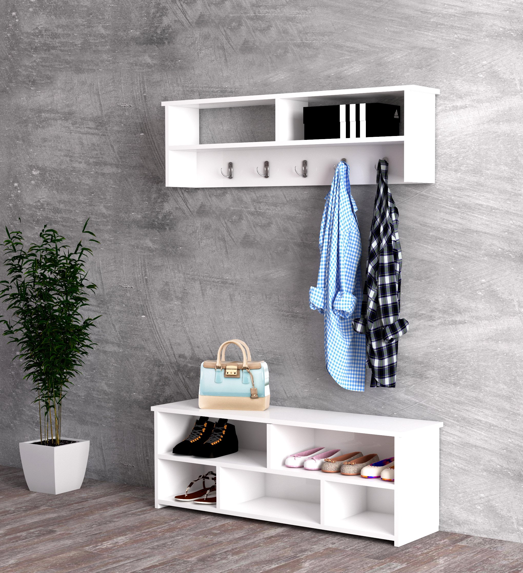 VENEDIK Entryway Storage Set | Wall-Mounted Coat Rack & Shoe Bench