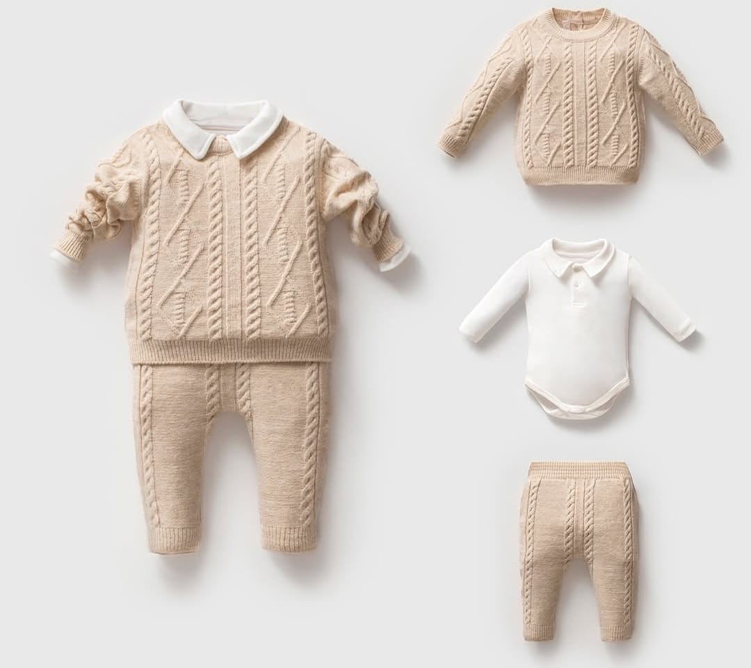 Kız Bebek 3'lü Örgü Takım - Bej