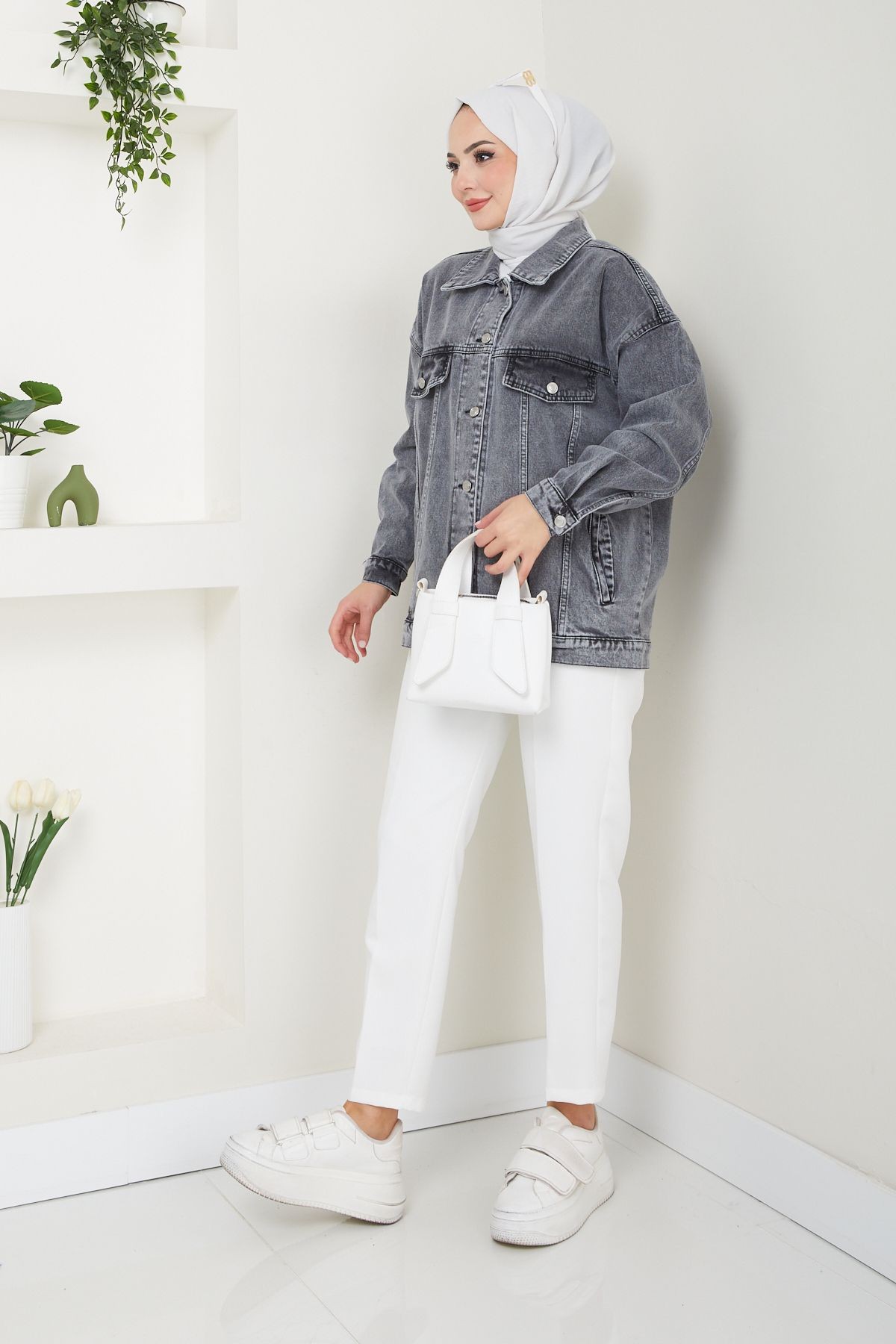 Kadın Oversize Fleto Cepli Denim Kot Ceket