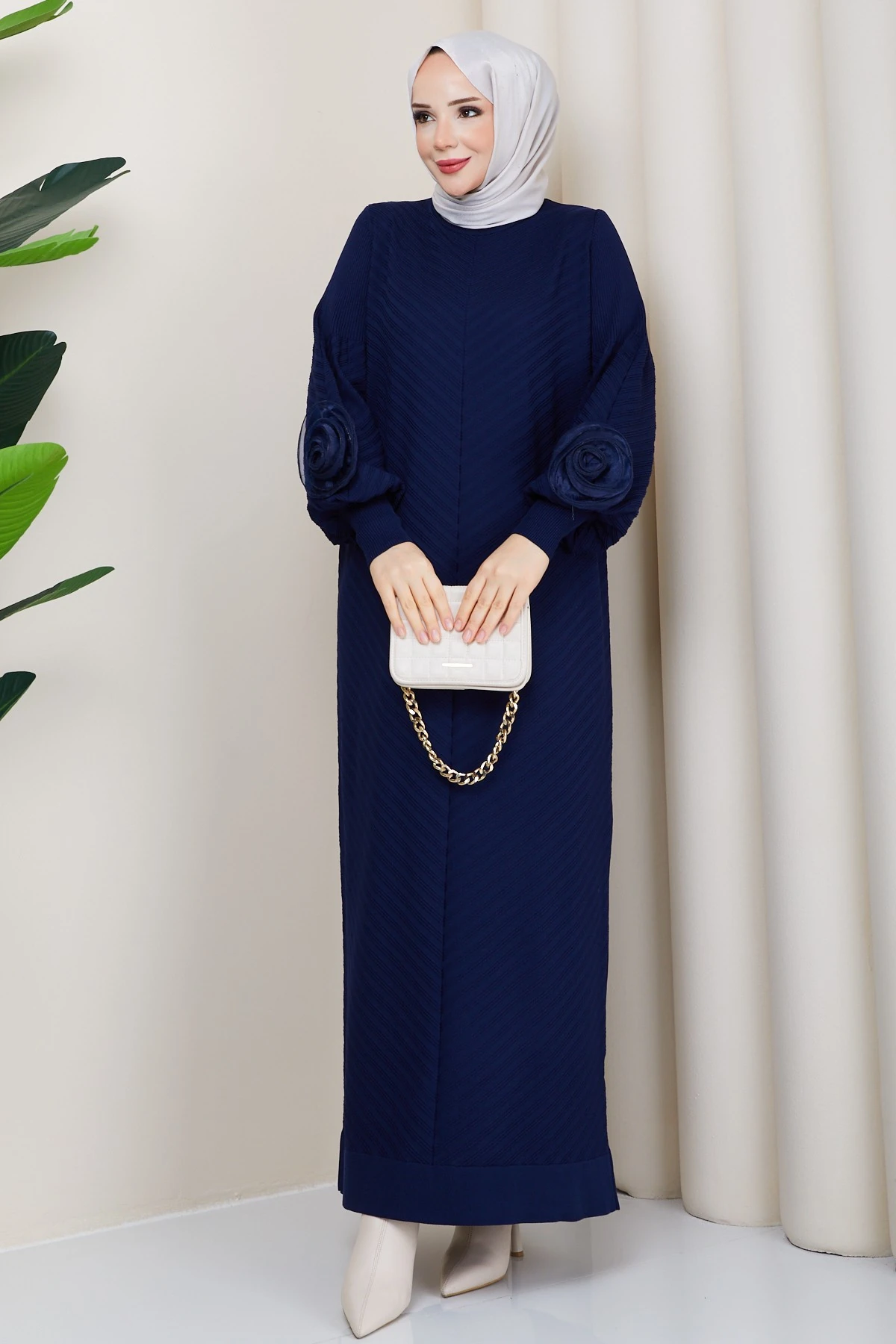 Kadın Kolu Gül Detaylı Merserize Triko Elbise - Laci̇vert