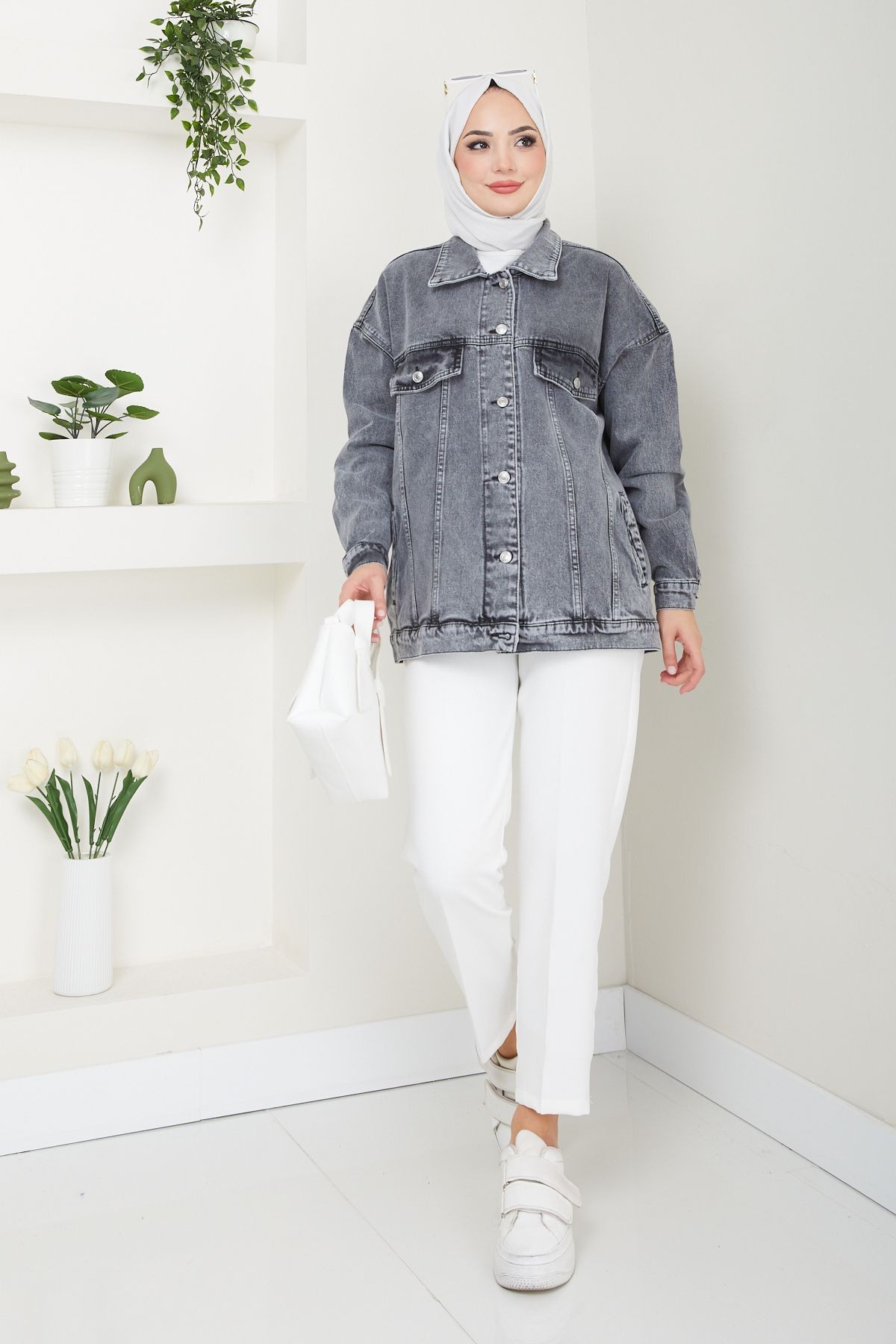 Kadın Oversize Fleto Cepli Denim Kot Ceket