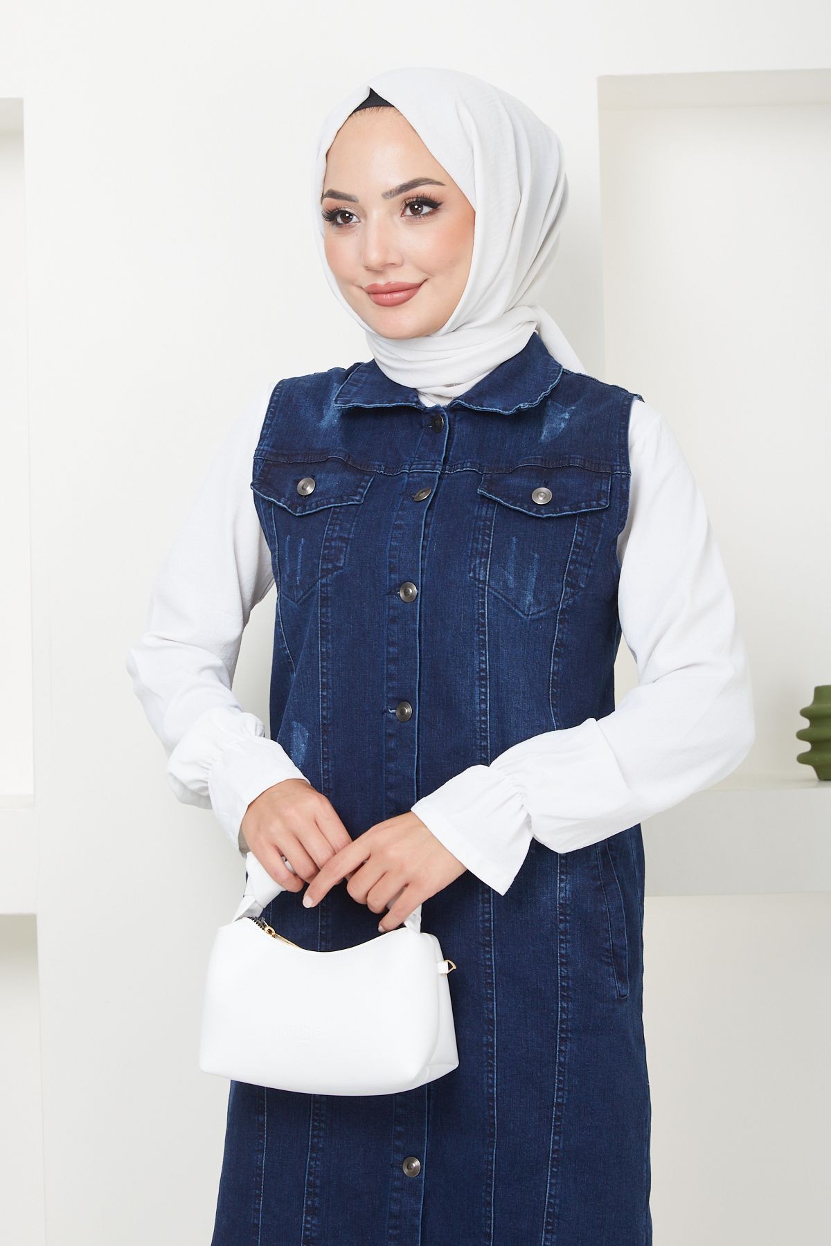 Kadın Mavi Denim Tam Boy Kot Yelek