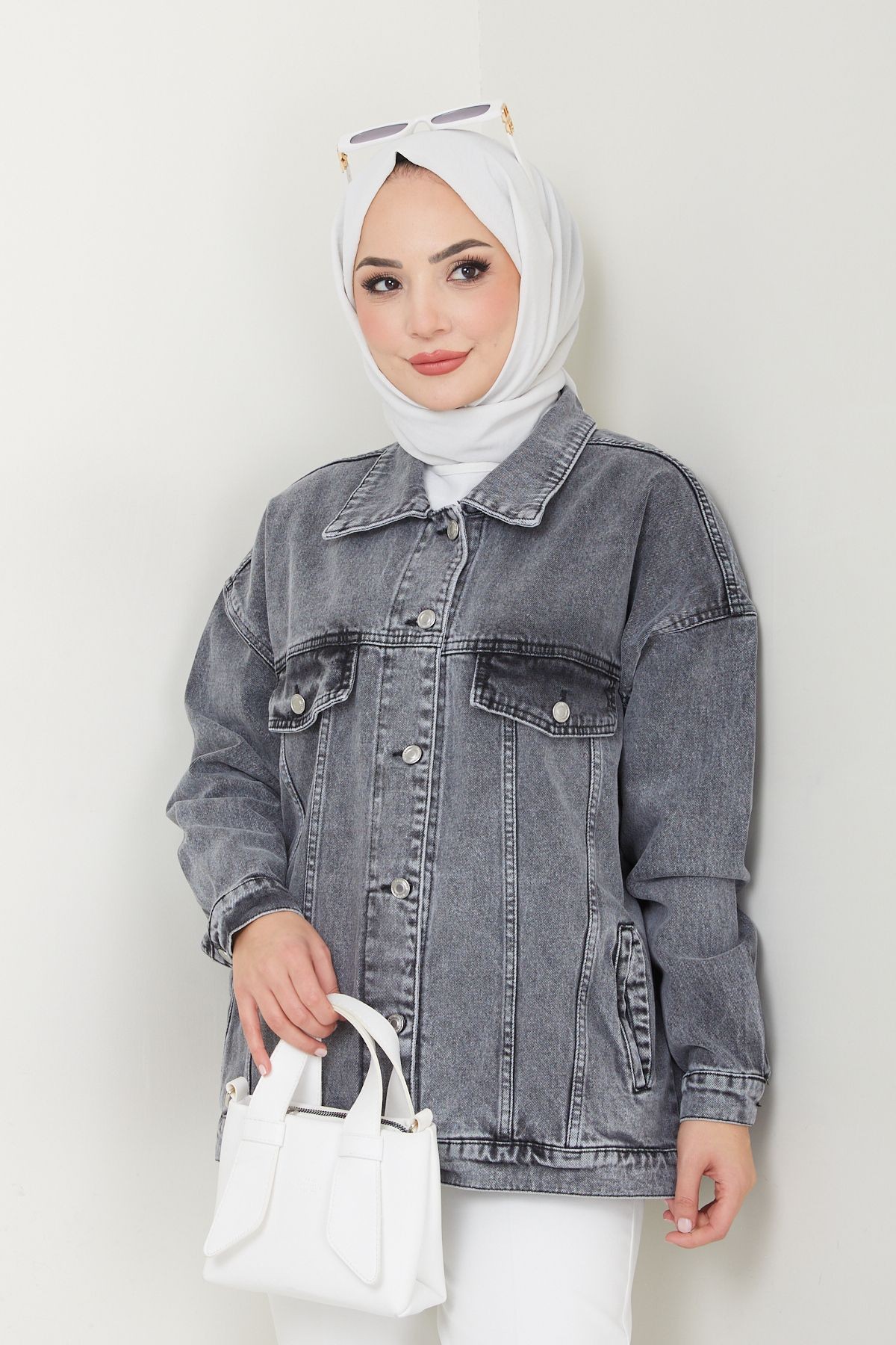 Kadın Oversize Fleto Cepli Denim Kot Ceket