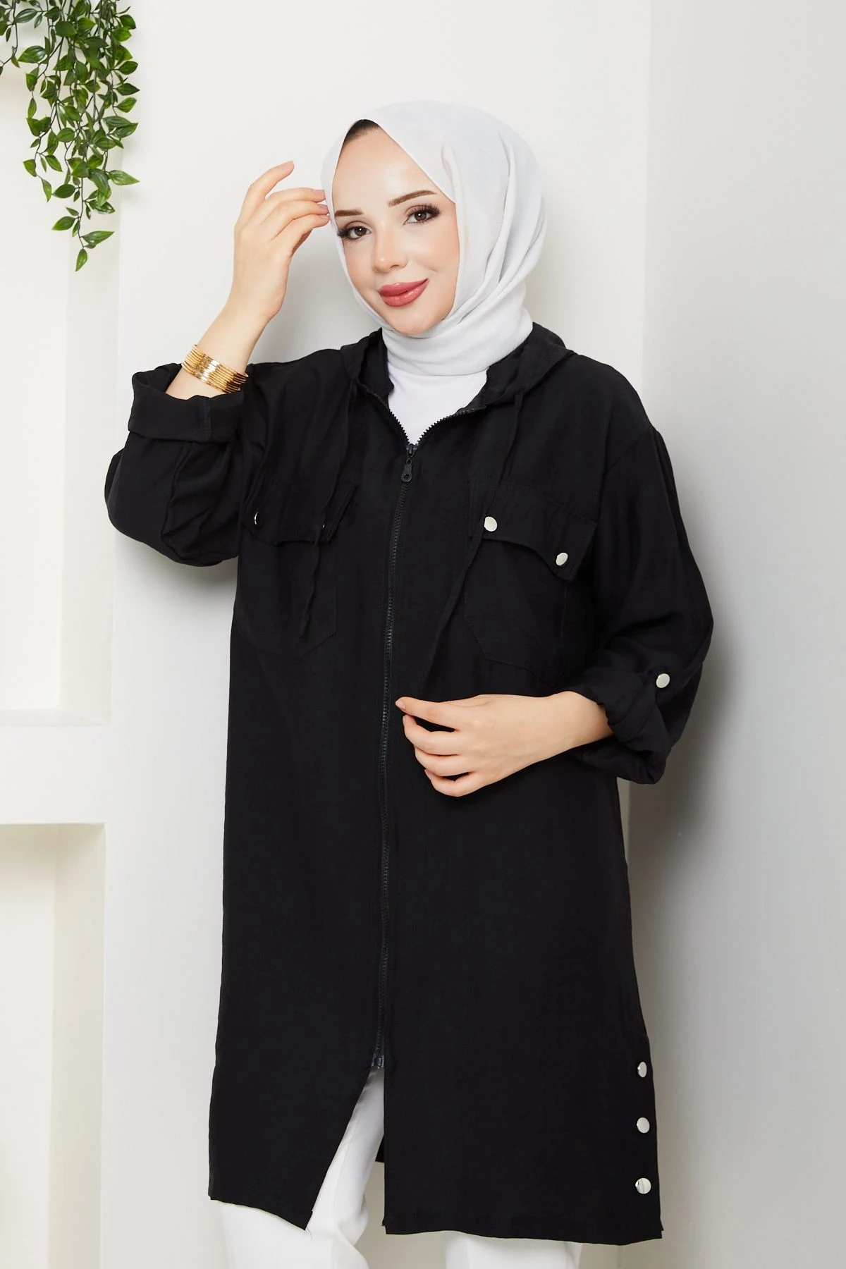 Kadın Üst Cepli Kapüşonlu Giy Çık Kap