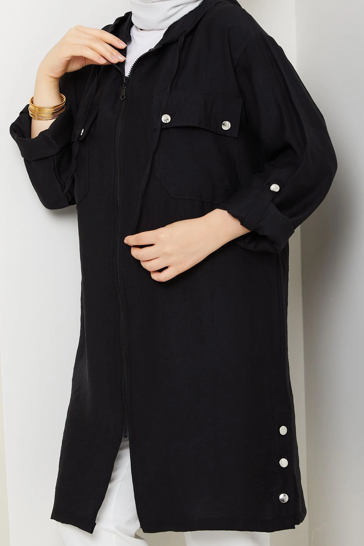 Kadın Üst Cepli Kapüşonlu Giy Çık Kap