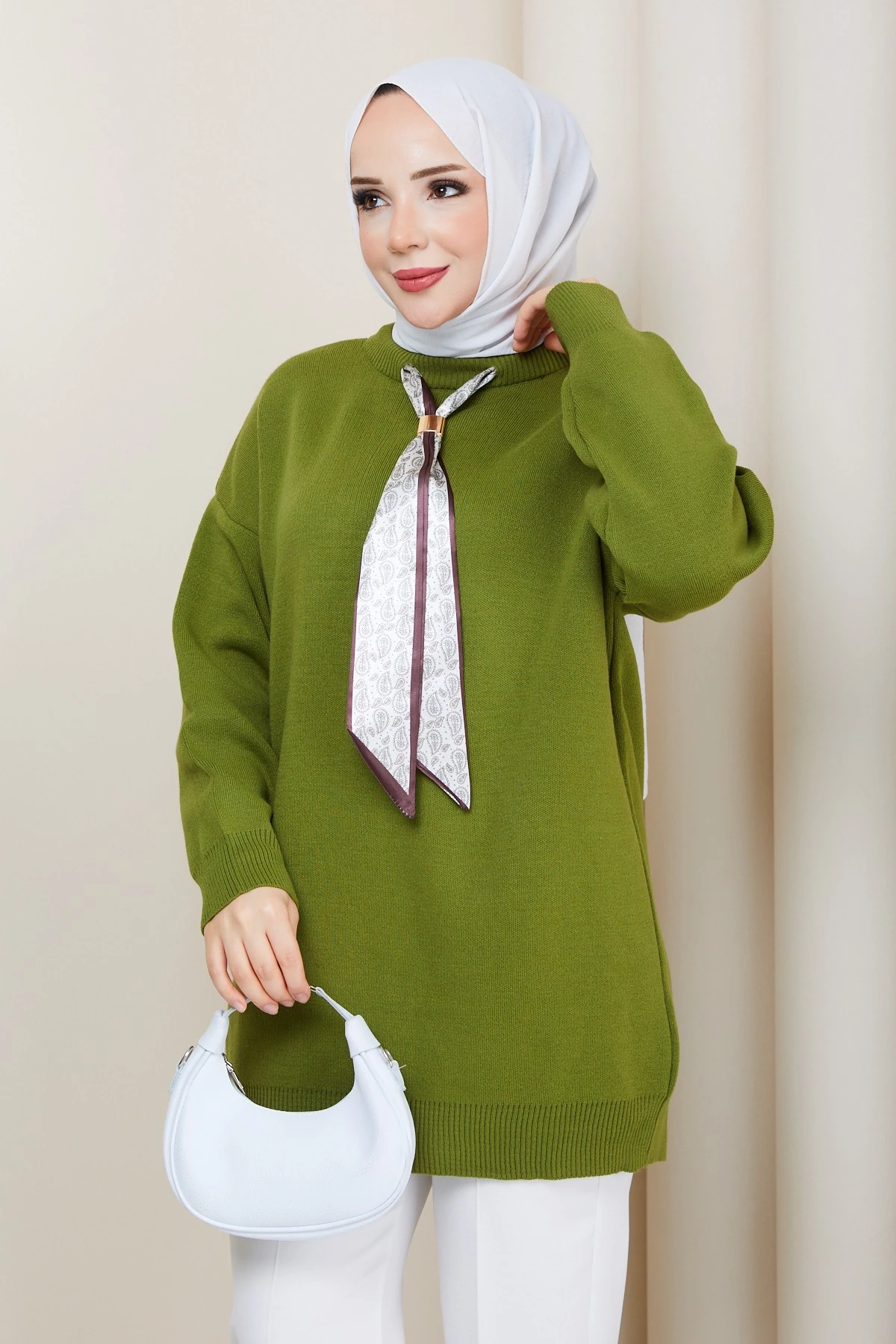 Kadın Bisiklet Yaka Fularlı Triko Tunik - yeşi̇l