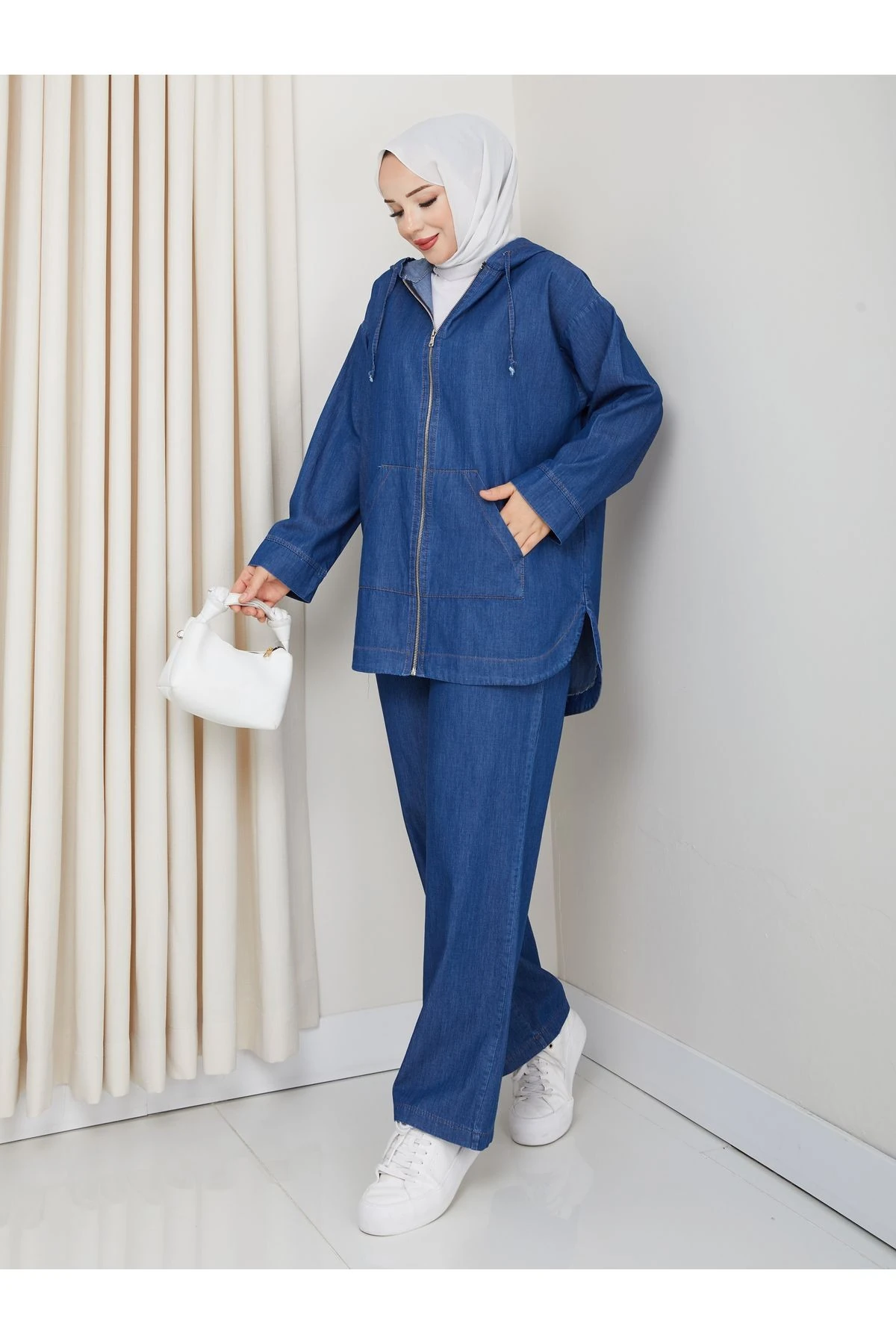 Kadın Cepli Pantolonlu ikili Salaş Kot Takım