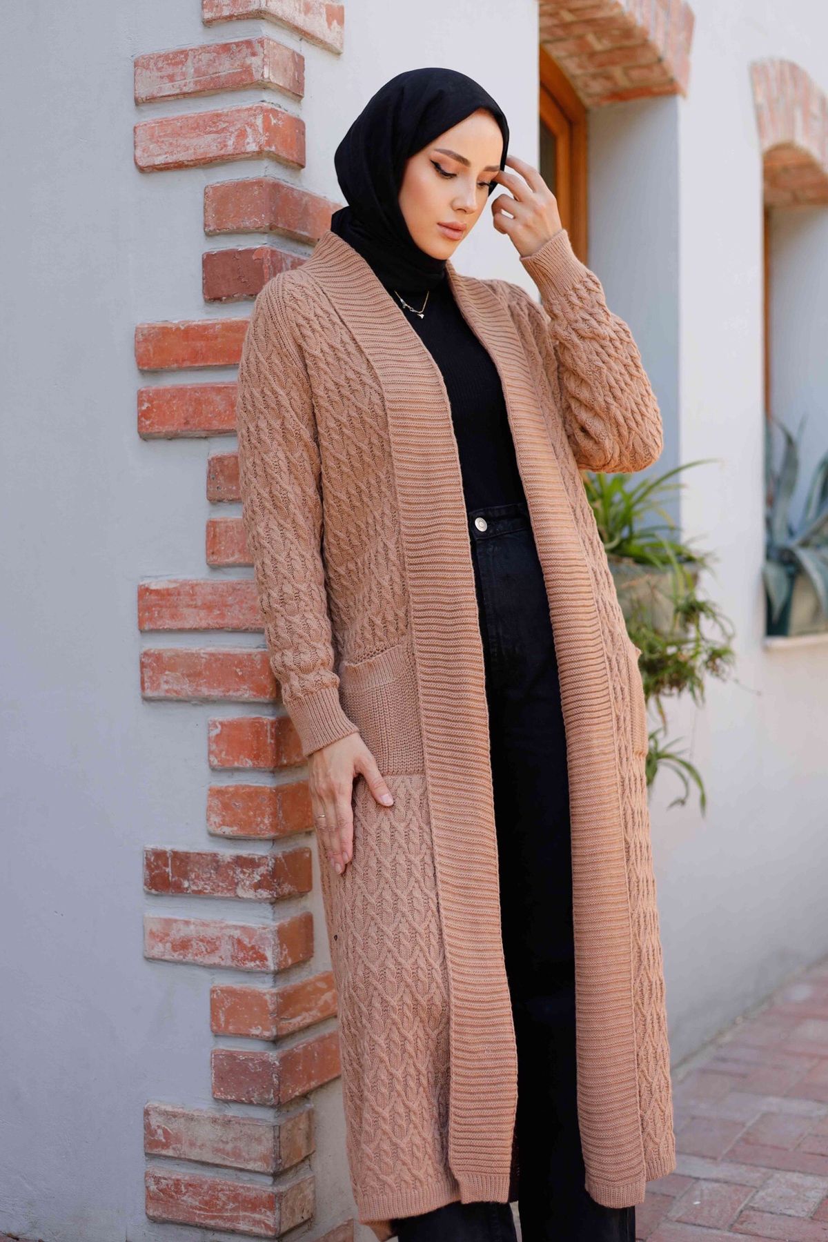 Kadın Zincir Örgü Şal Yaka Cepli Triko Hırka