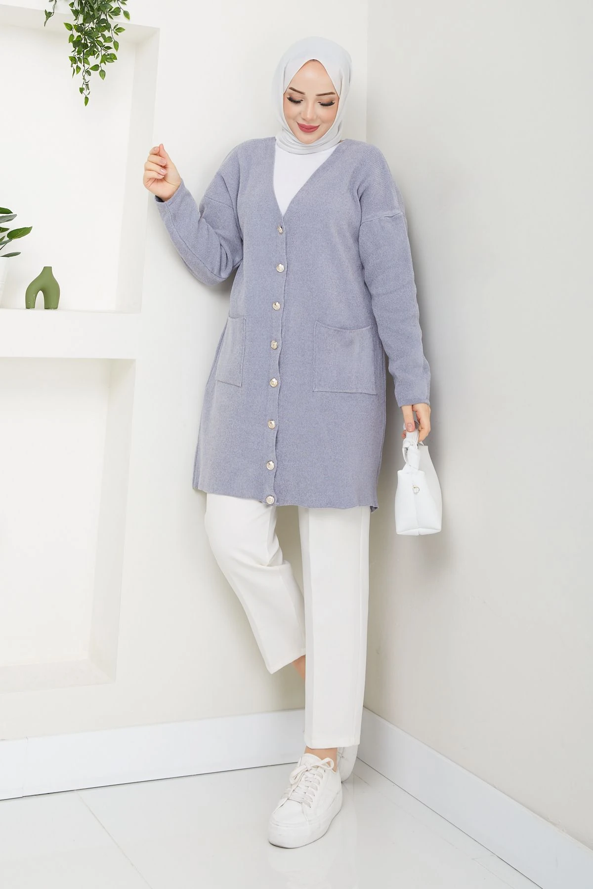 Kadın Şönil Kadife İplik Cepli Triko Hırka