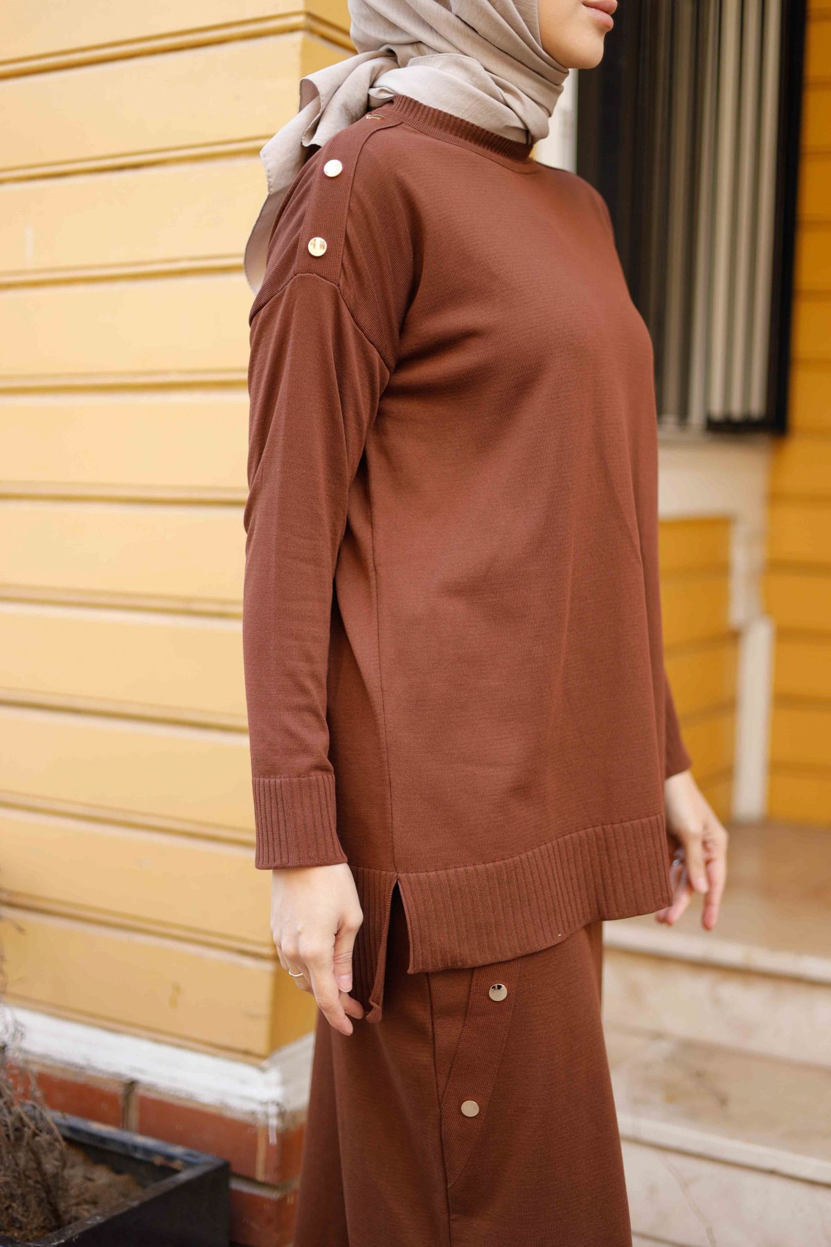 Kadın Merserize Düğme Detaylı Etekli İkili Triko Takım