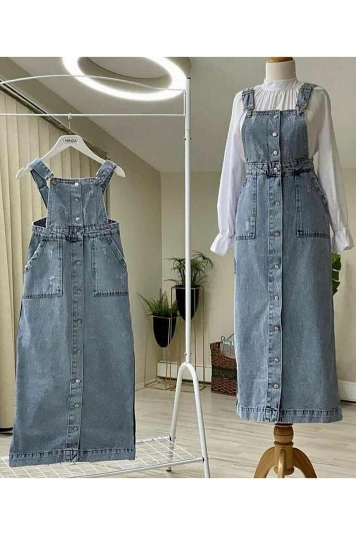 Kadın Mavi Denim Düğme Kapamalı Bahçıvan Kot Salopet