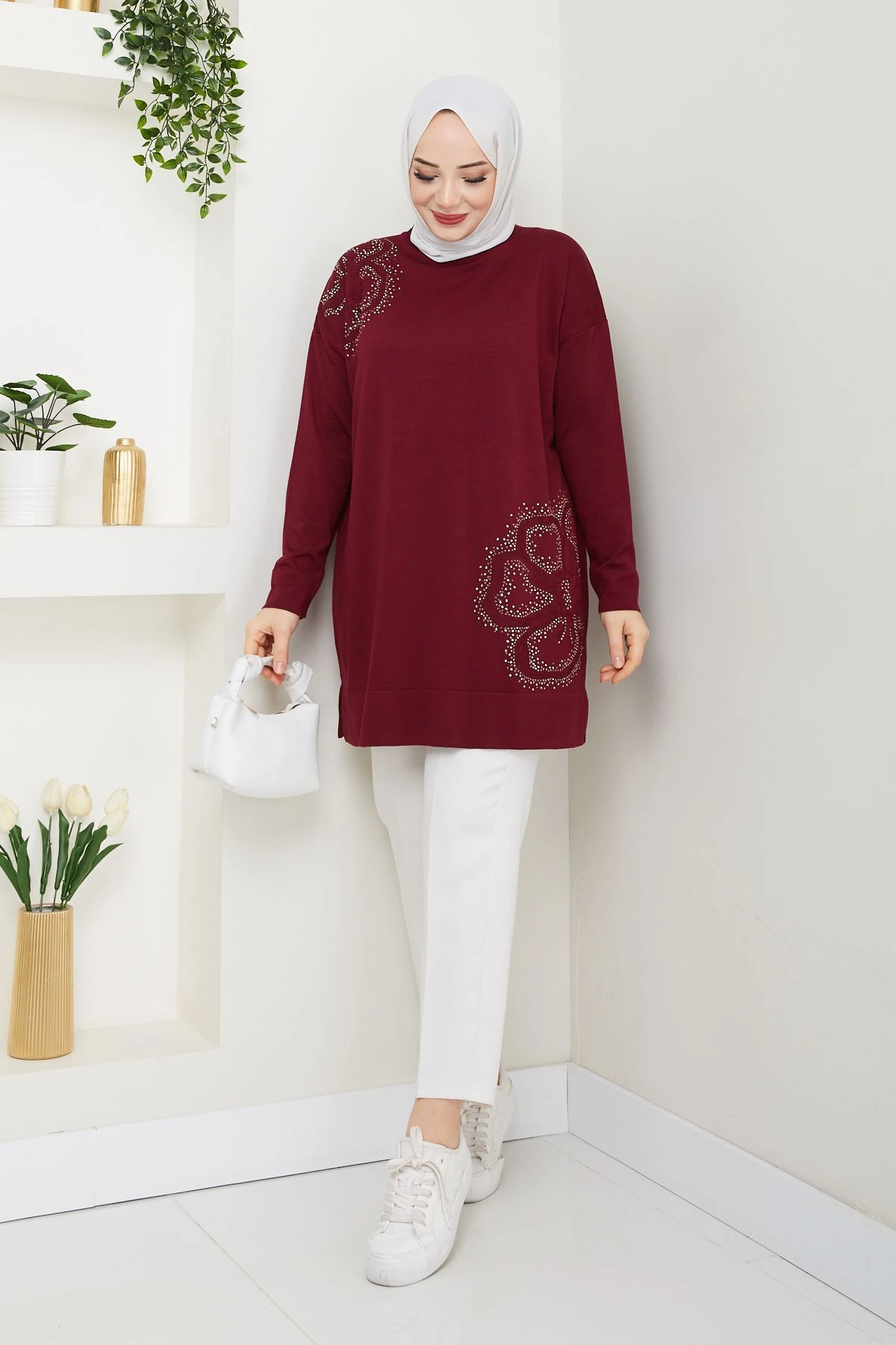 Kadın Papatya Desenli Merserize Triko Tunik