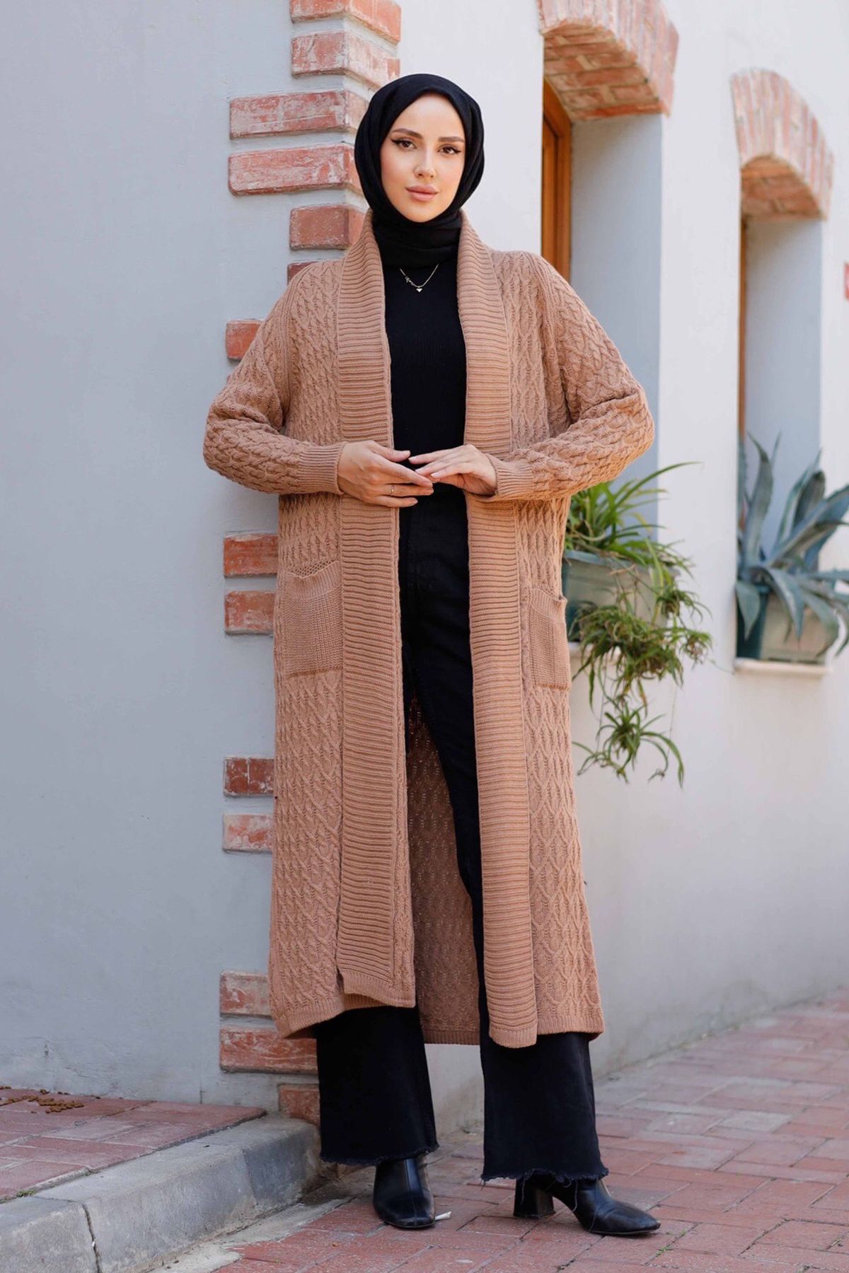 Kadın Zincir Örgü Şal Yaka Cepli Triko Hırka