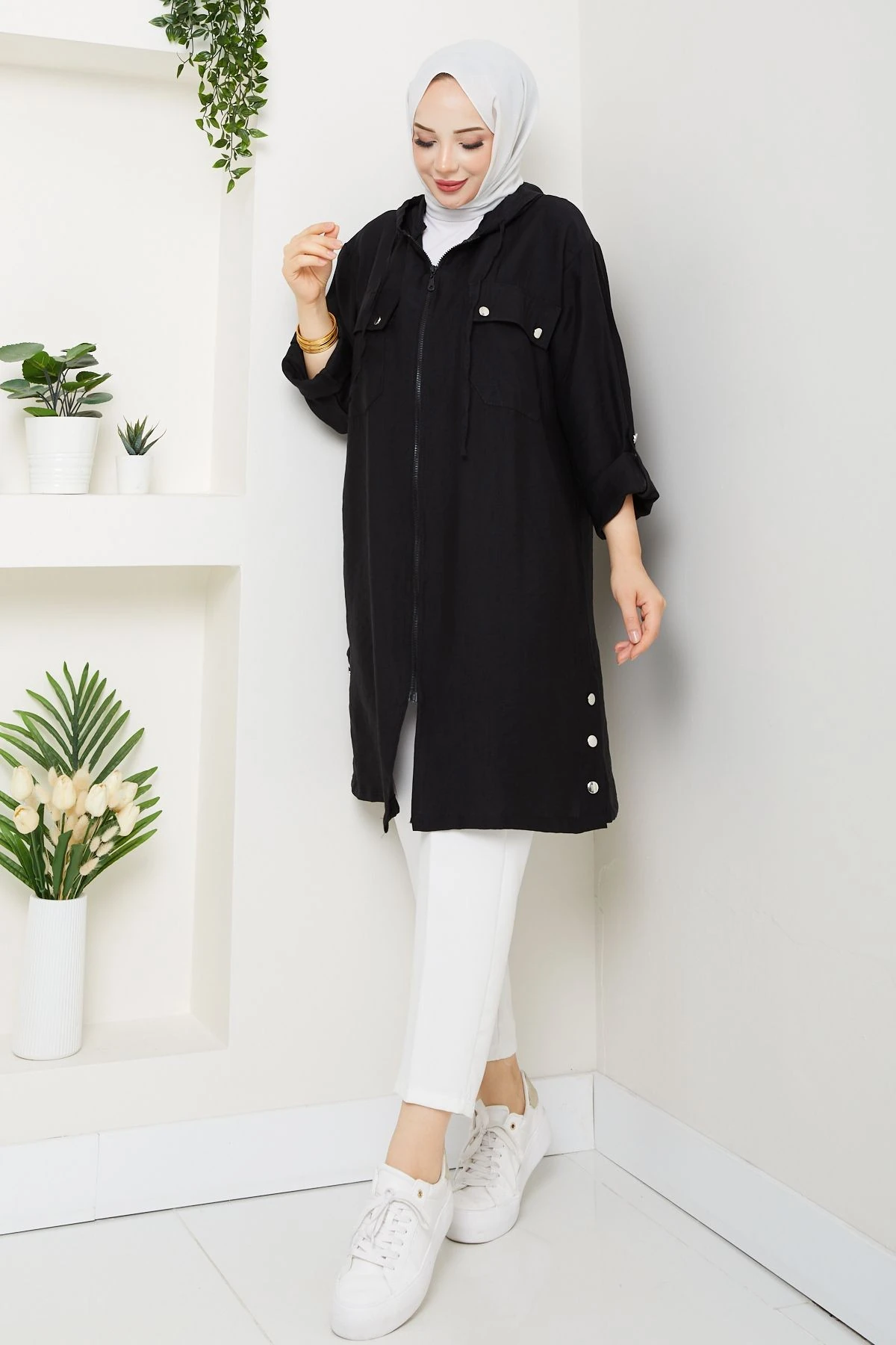 Kadın Üst Cepli Kapüşonlu Giy Çık Kap