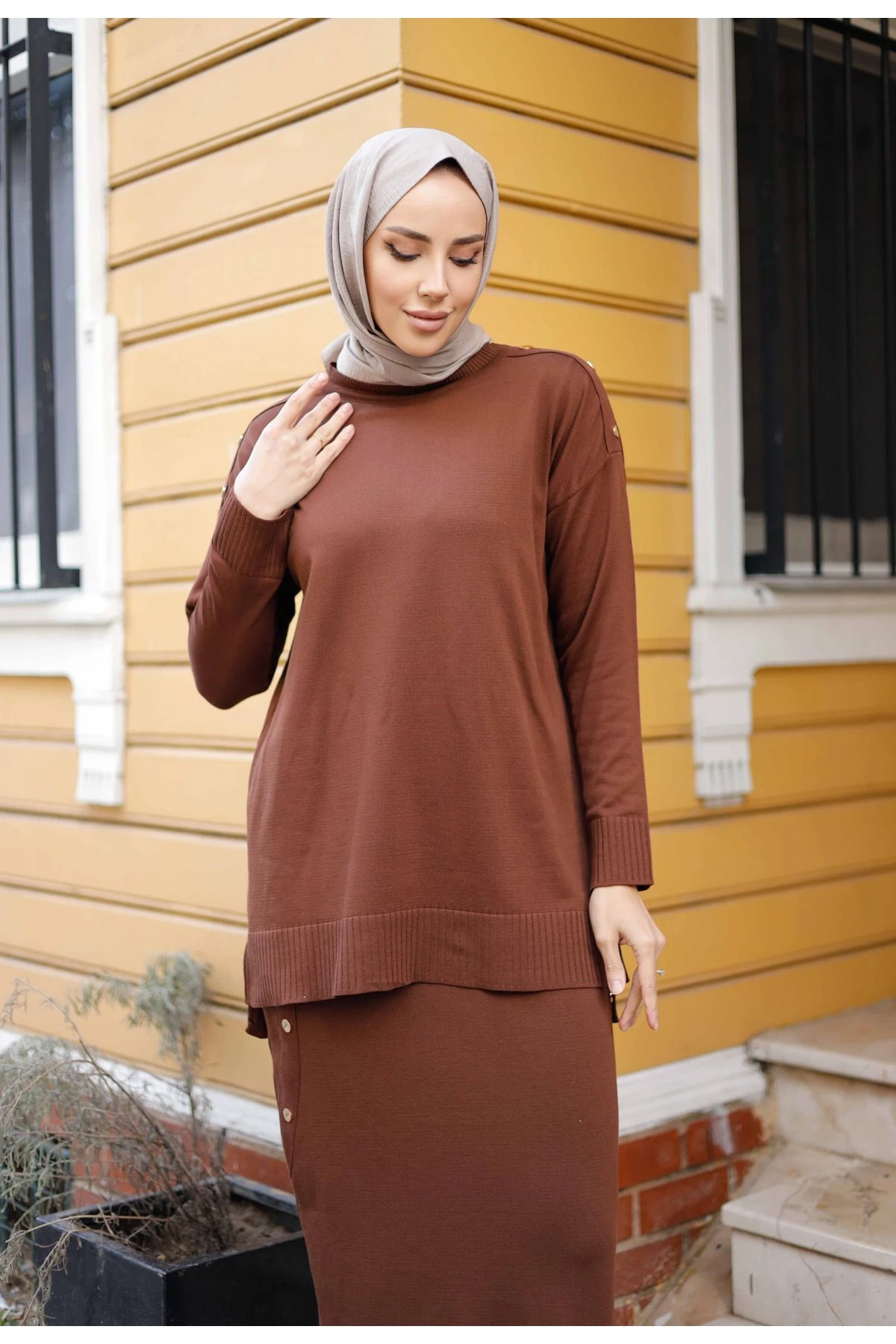 Kadın Merserize Düğme Detaylı Etekli İkili Triko Takım