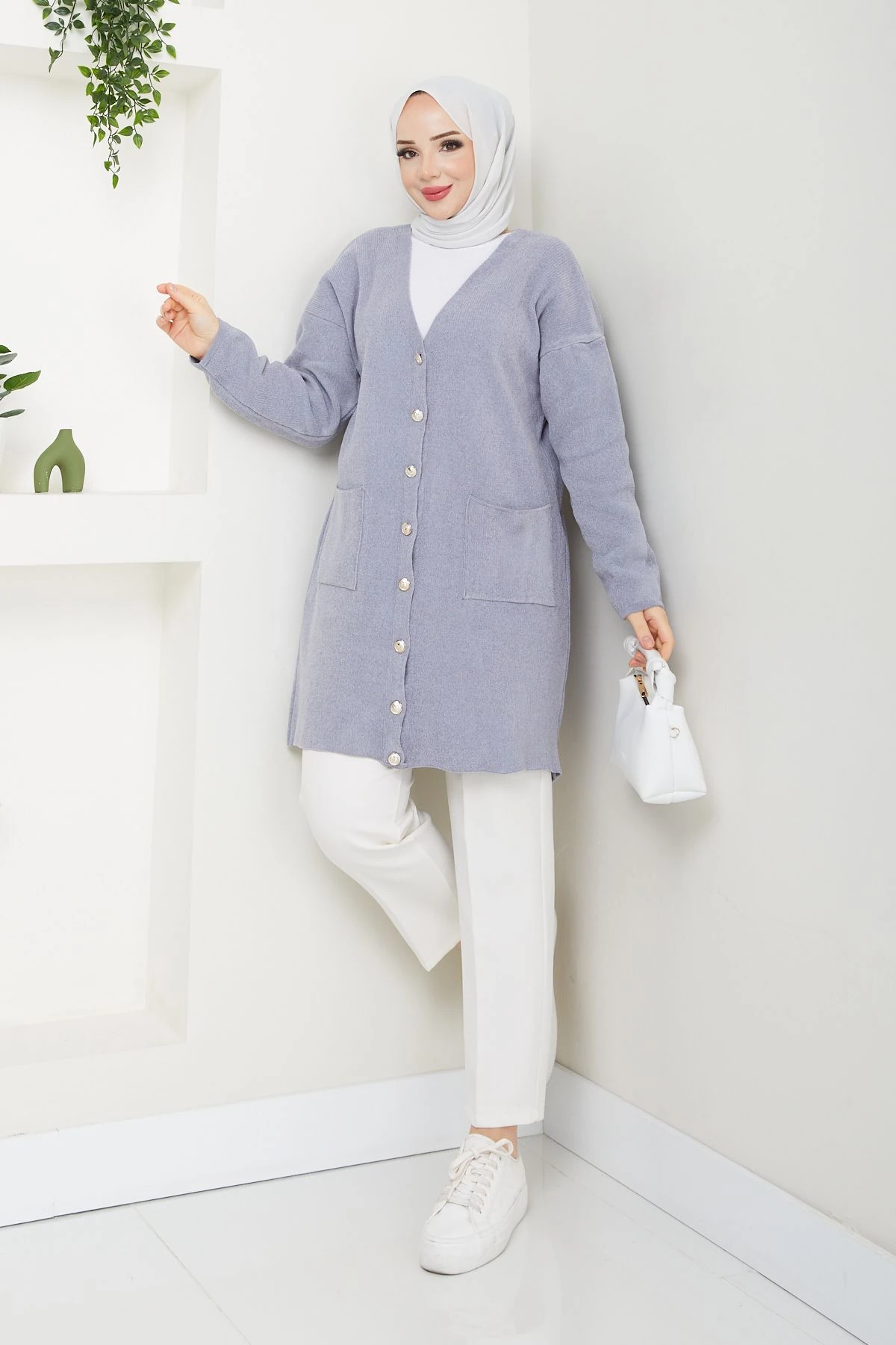 Kadın Şönil Kadife İplik Cepli Triko Hırka