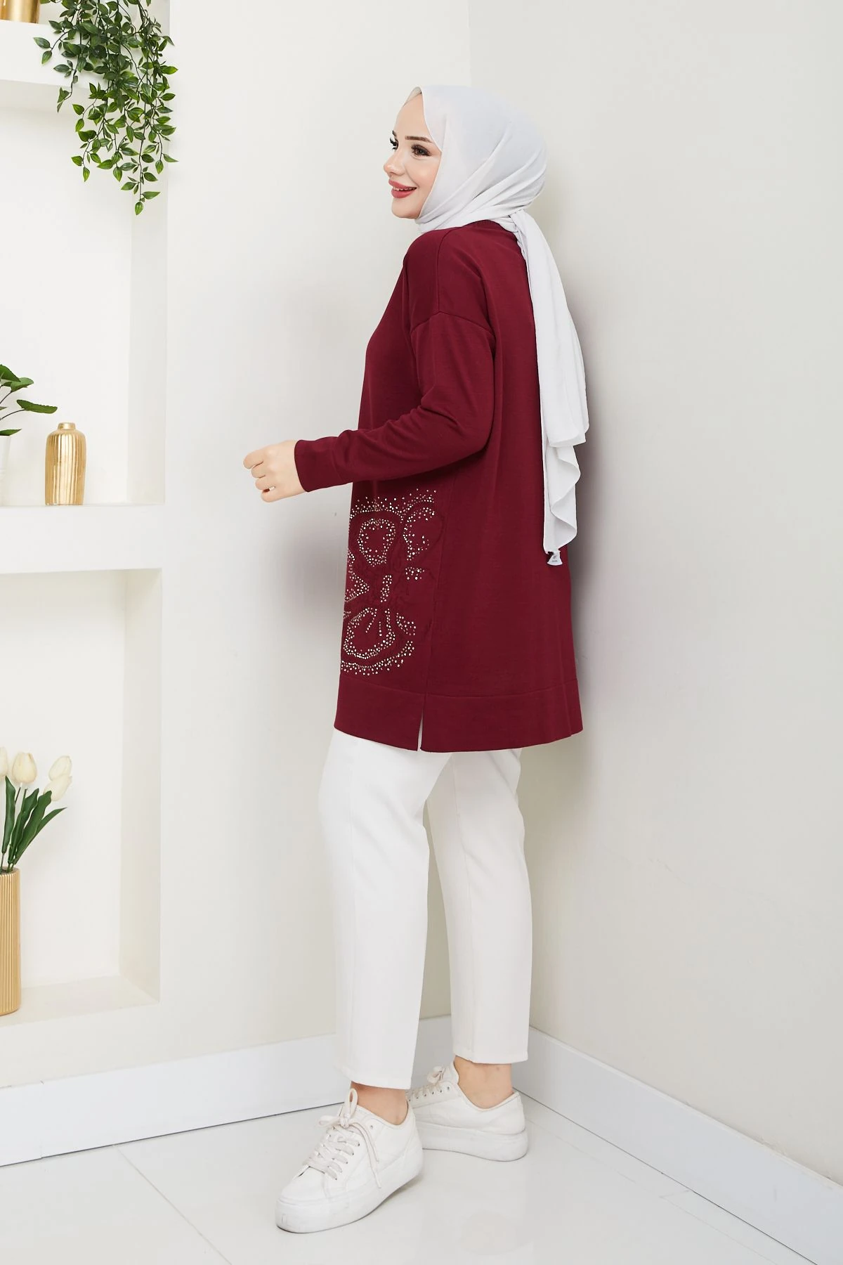 Kadın Papatya Desenli Merserize Triko Tunik