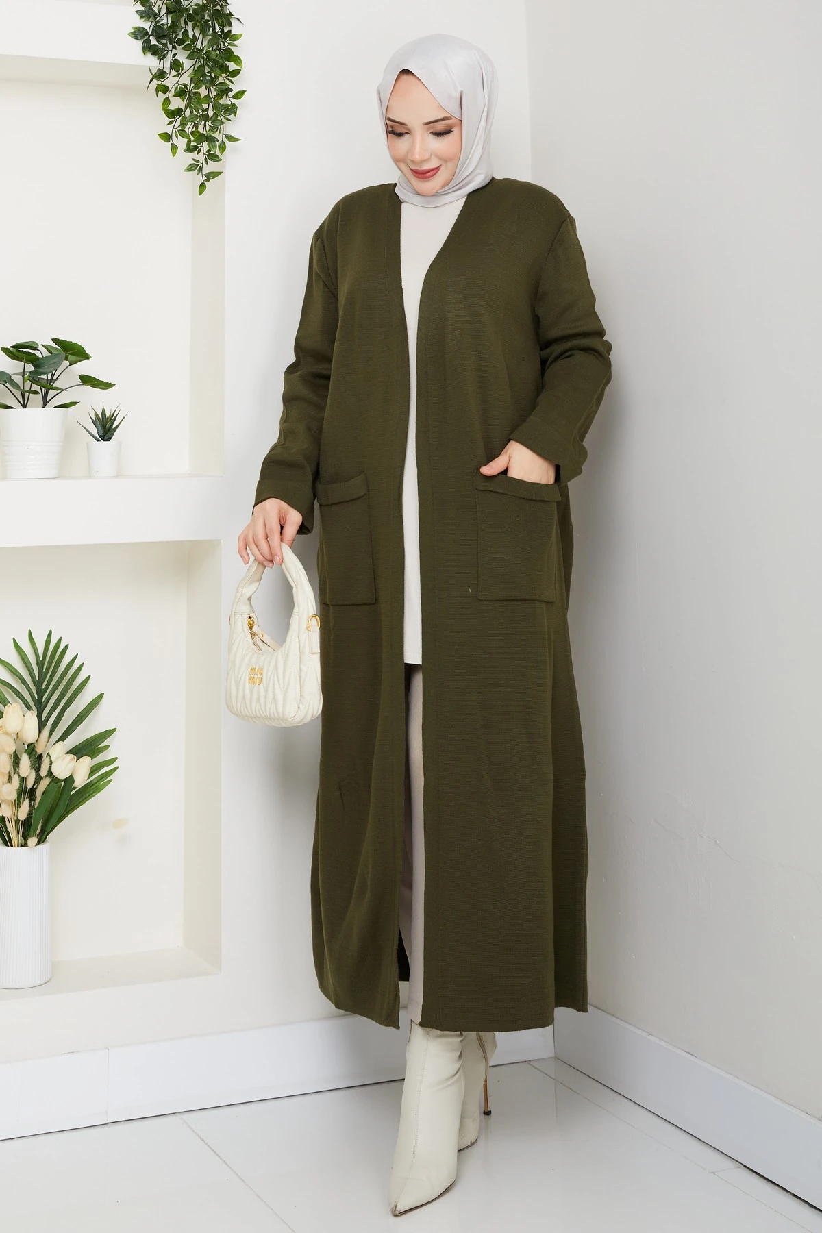 Kadın Çelik Örgü Cepli Uzun Triko Hırka