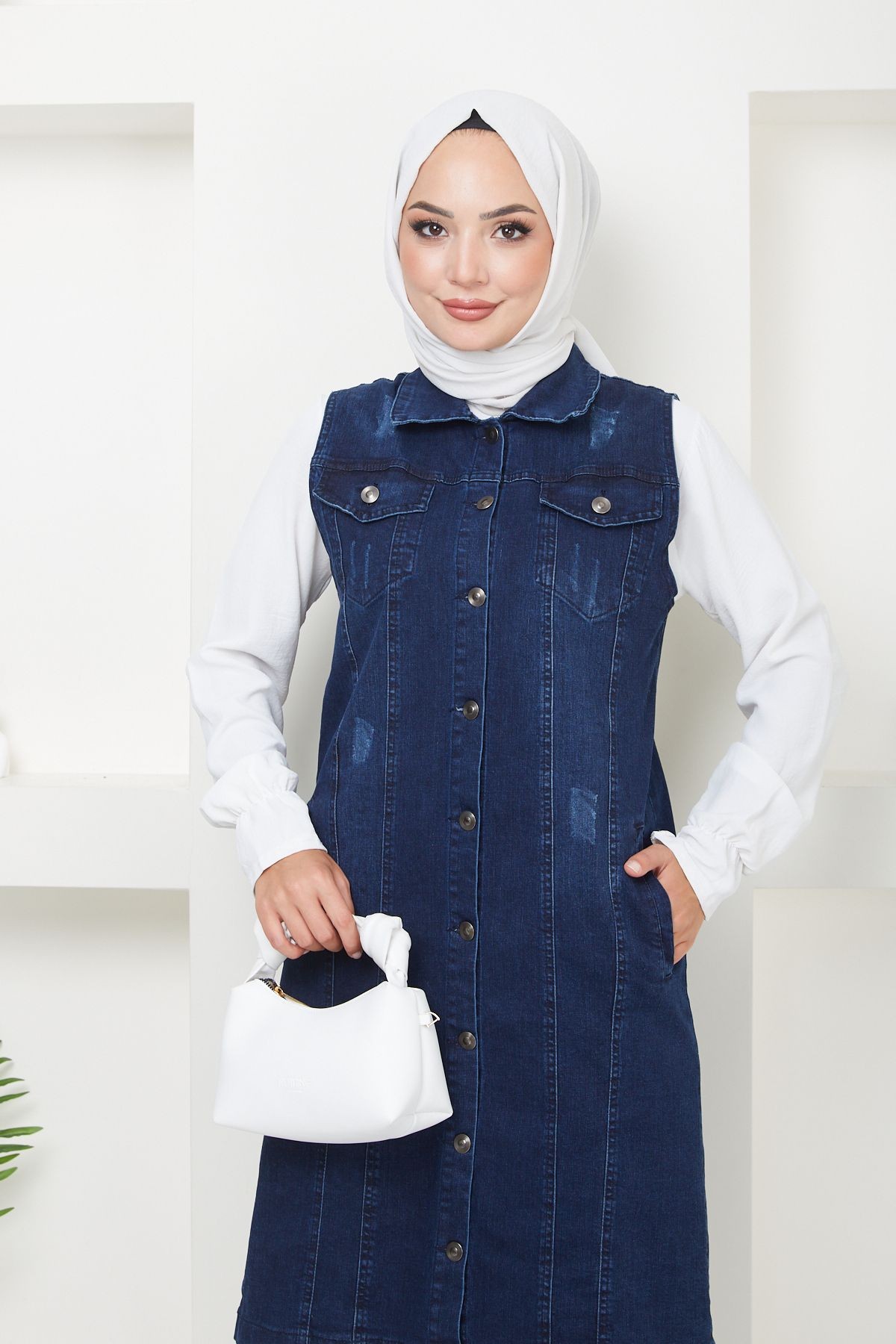 Kadın Mavi Denim Tam Boy Kot Yelek