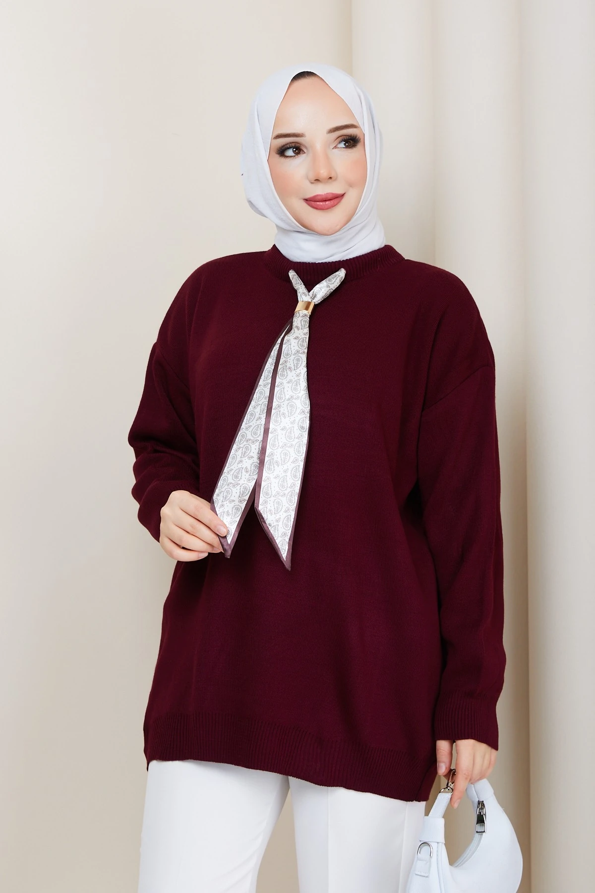 Kadın Bisiklet Yaka Fularlı Triko Tunik - Bordo