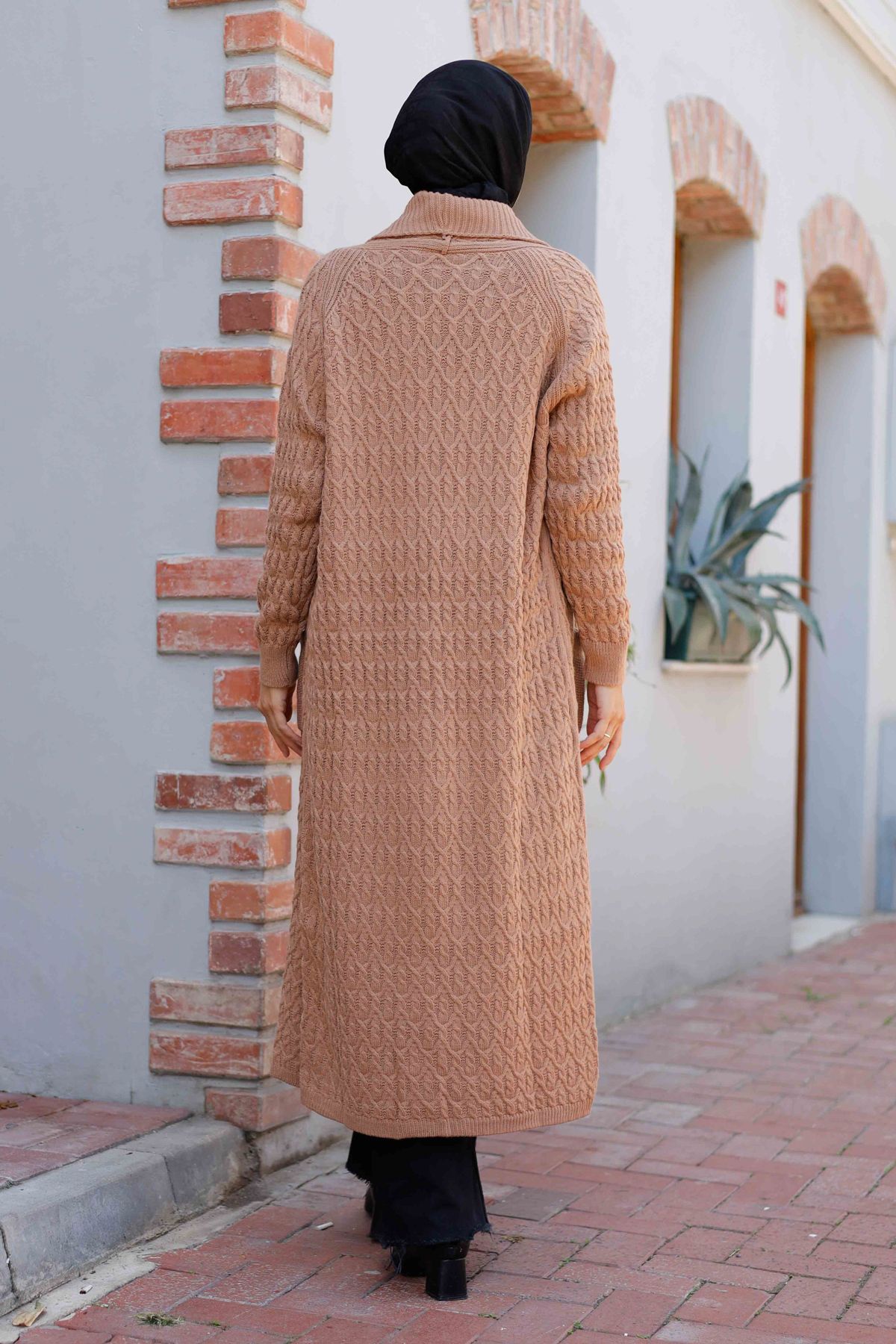 Kadın Zincir Örgü Şal Yaka Cepli Triko Hırka