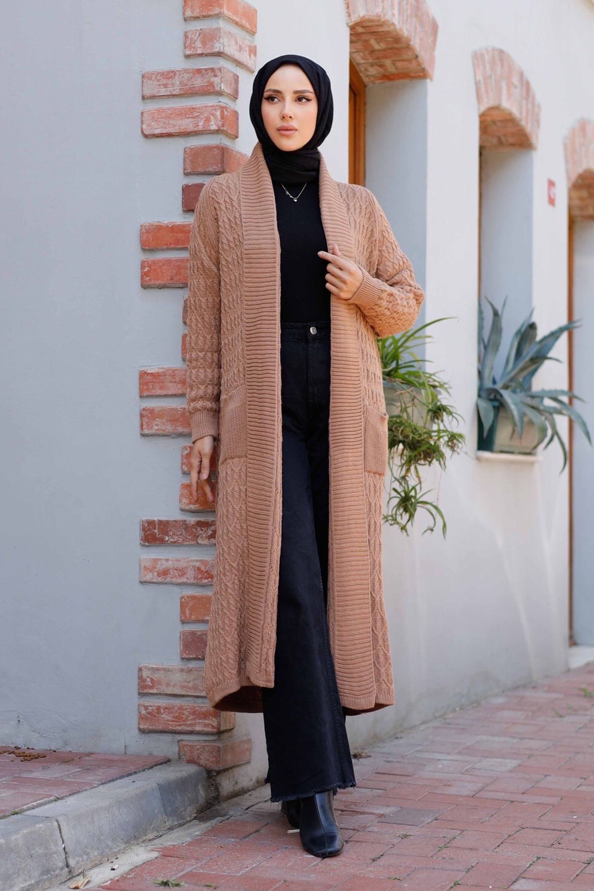 Kadın Zincir Örgü Şal Yaka Cepli Triko Hırka