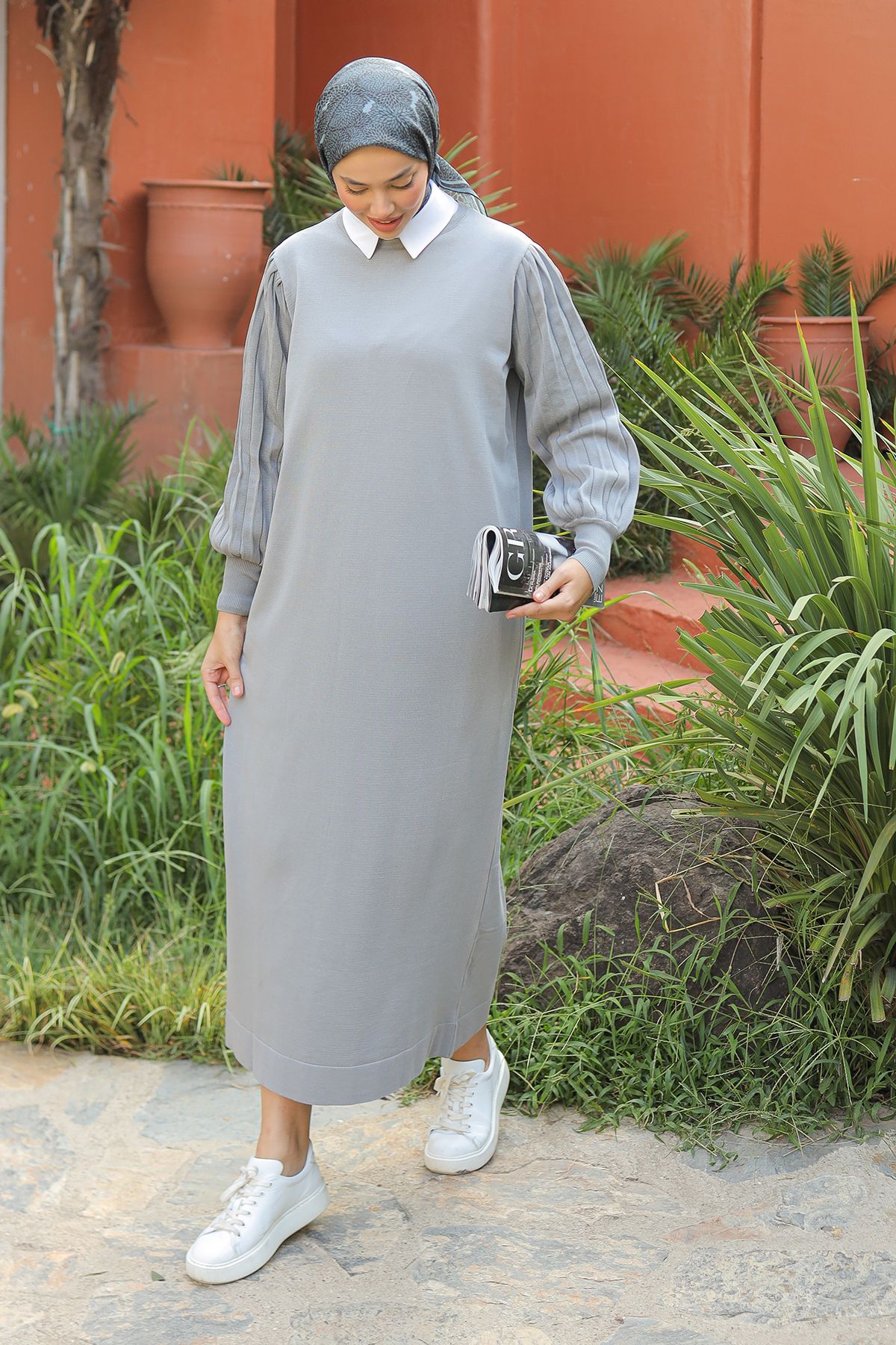 Kadın Balon Kol Soğuk İplik Merserize Triko Elbise