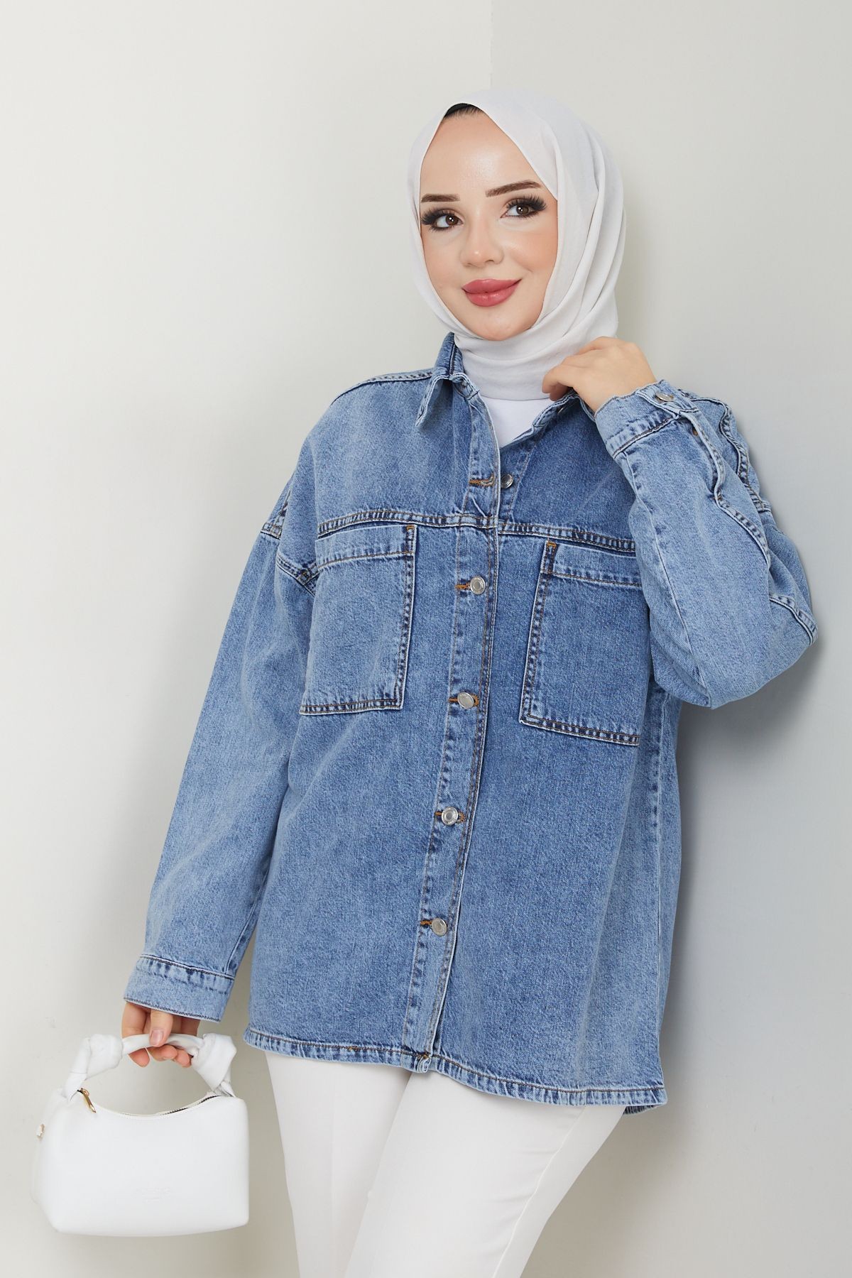 Kadın Oversize Mavi Denim Kot Gömlek Ceket