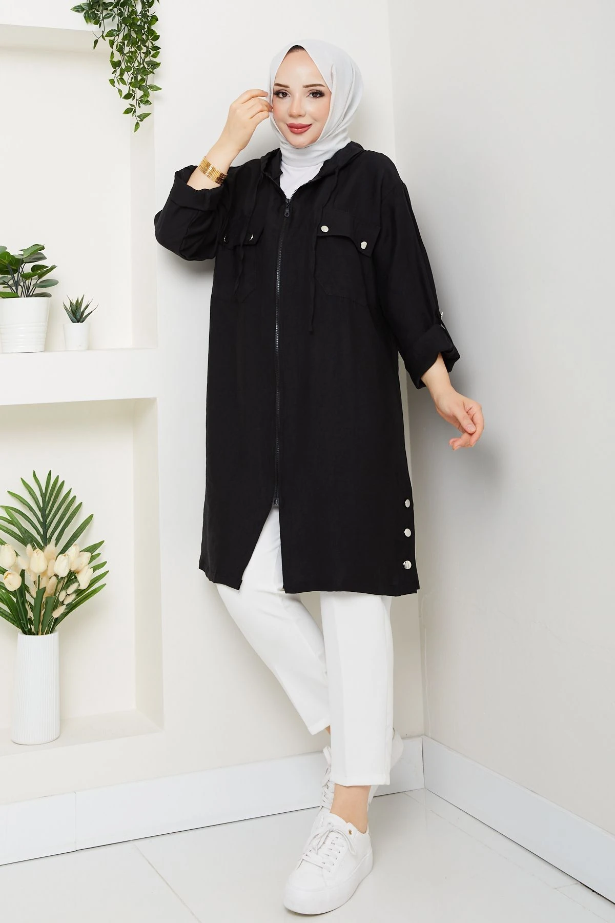 Kadın Üst Cepli Kapüşonlu Giy Çık Kap