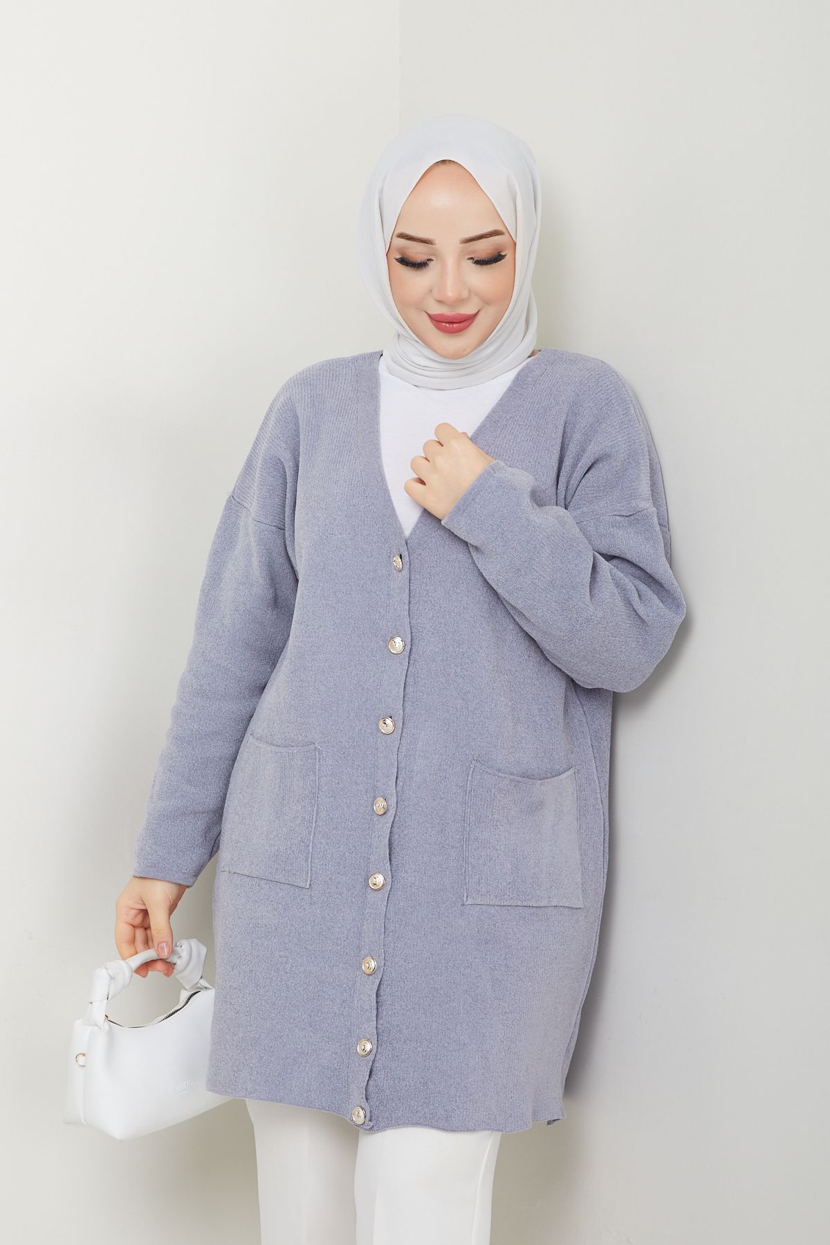 Kadın Şönil Kadife İplik Cepli Triko Hırka